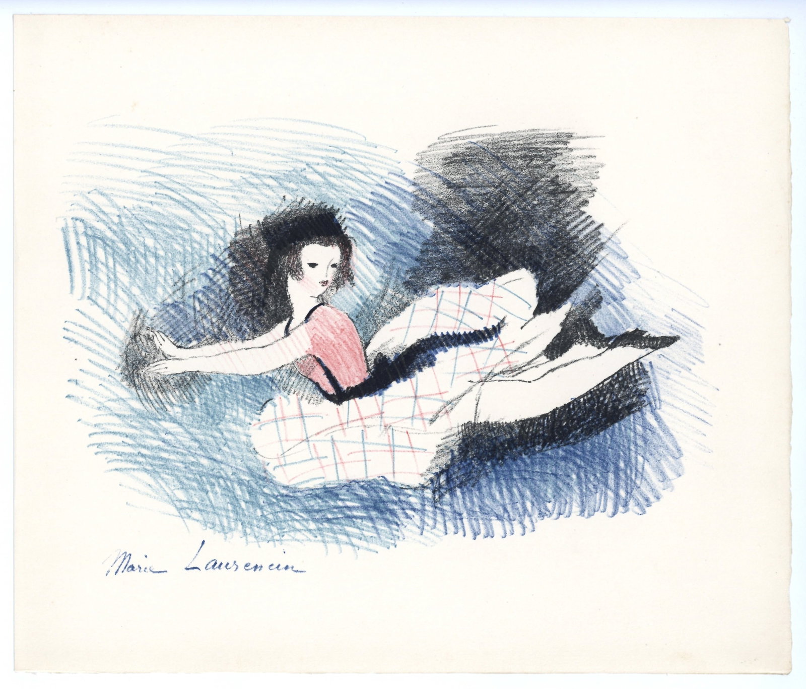 Marie Laurencin original lithograph for Alice in Wonderland - Alice in the Pool of Tears: Medium: original lithograph. Printed in Paris in 1930 at the Atelier Desjobert for "Alice's Adventures in Wonderland". This is from the edition of 350 on Rives paper printed under the direction of