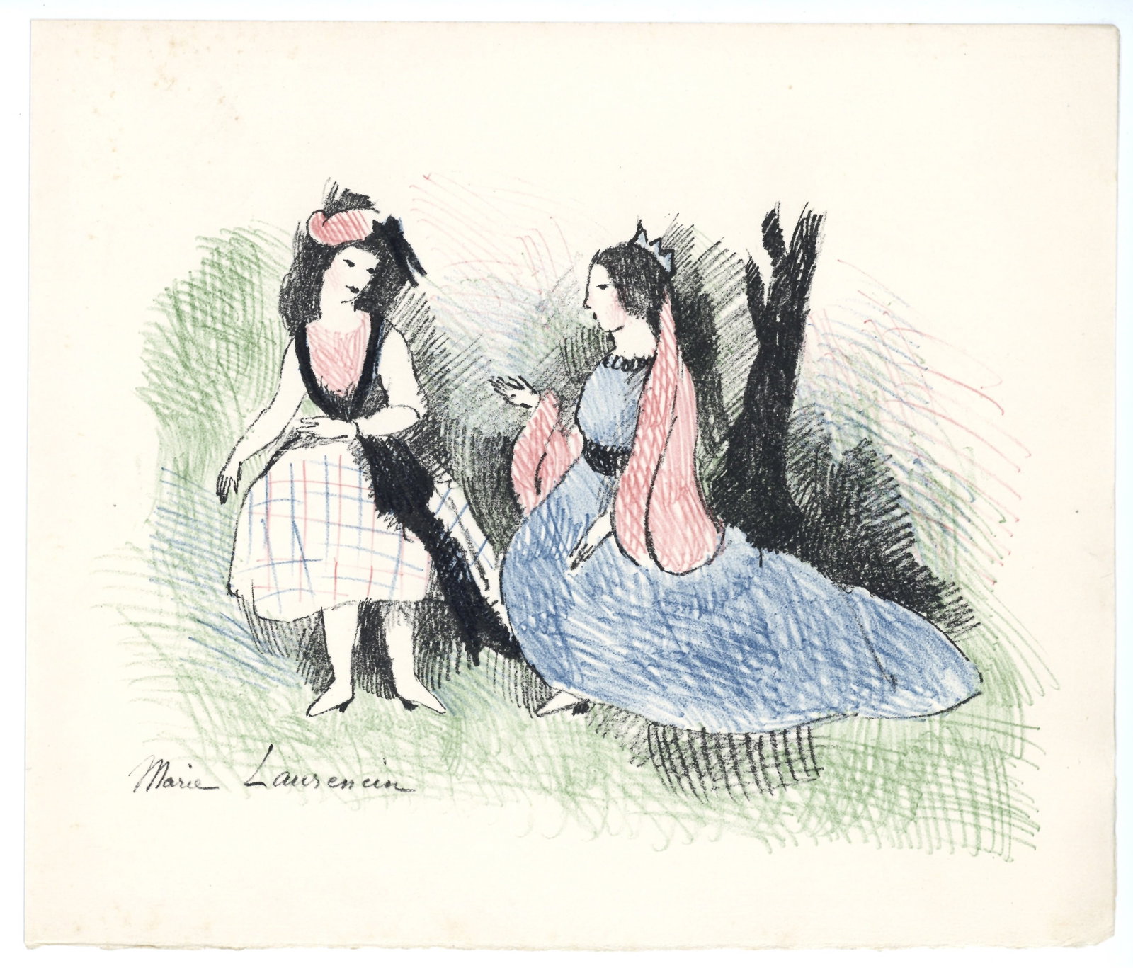 Marie Laurencin original lithograph for Alice in Wonderland - Alice and the Queen: Medium: original lithograph. Printed in Paris in 1930 at the Atelier Desjobert for "Alice's Adventures in Wonderland". This is from the edition of 350 on Rives paper printed under the direction of