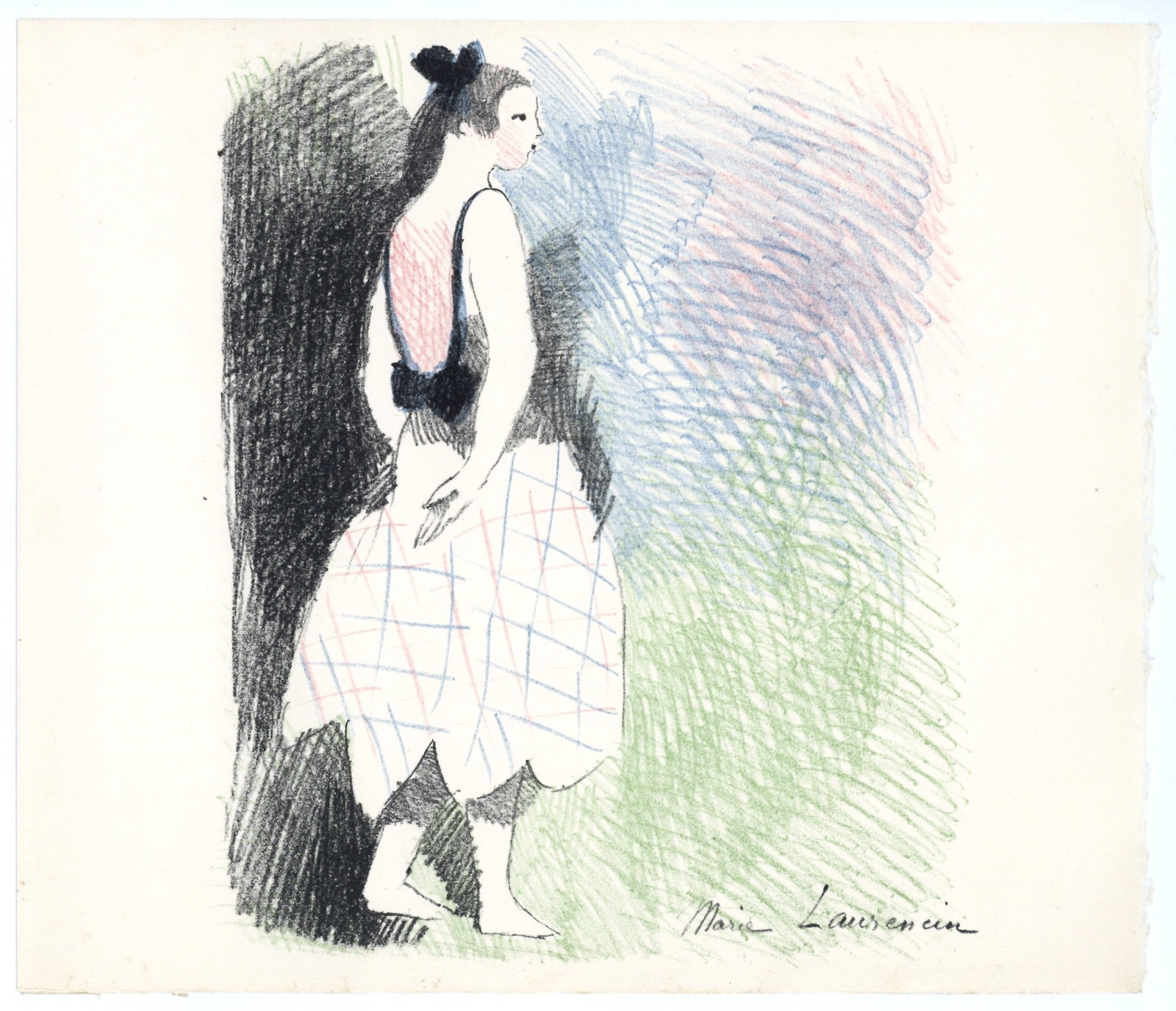 Marie Laurencin original lithograph for Alice in Wonderland - All Persons More Than a Mile High: Medium: original lithograph. Printed in Paris in 1930 at the Atelier Desjobert for "Alice's Adventures in Wonderland". This is from the edition of 350 on Rives paper printed under the direction of