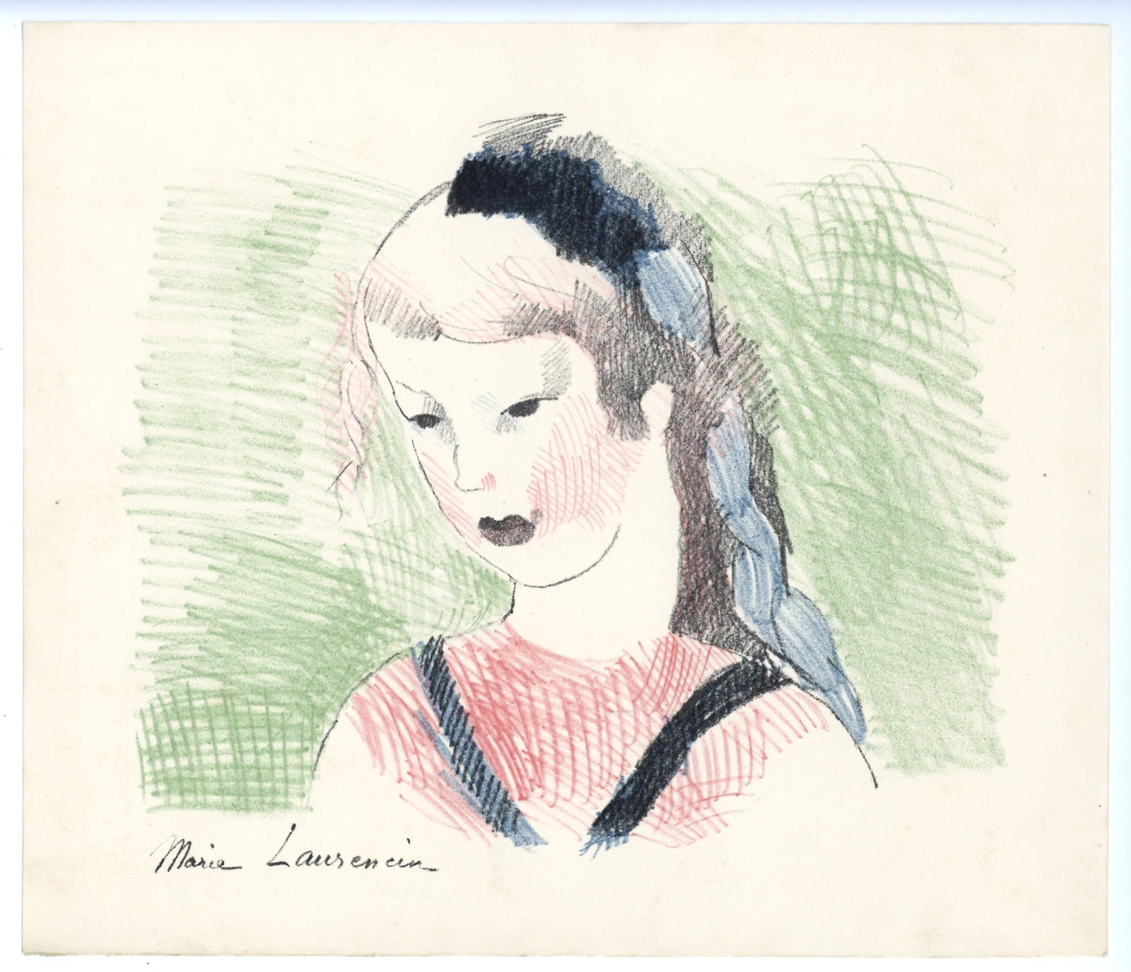 Marie Laurencin original lithograph for Alice in Wonderland - Portrait of Alice: Medium: original lithograph. Printed in Paris in 1930 at the Atelier Desjobert for "Alice's Adventures in Wonderland". This is from the edition of 350 on Rives paper printed under the direction of