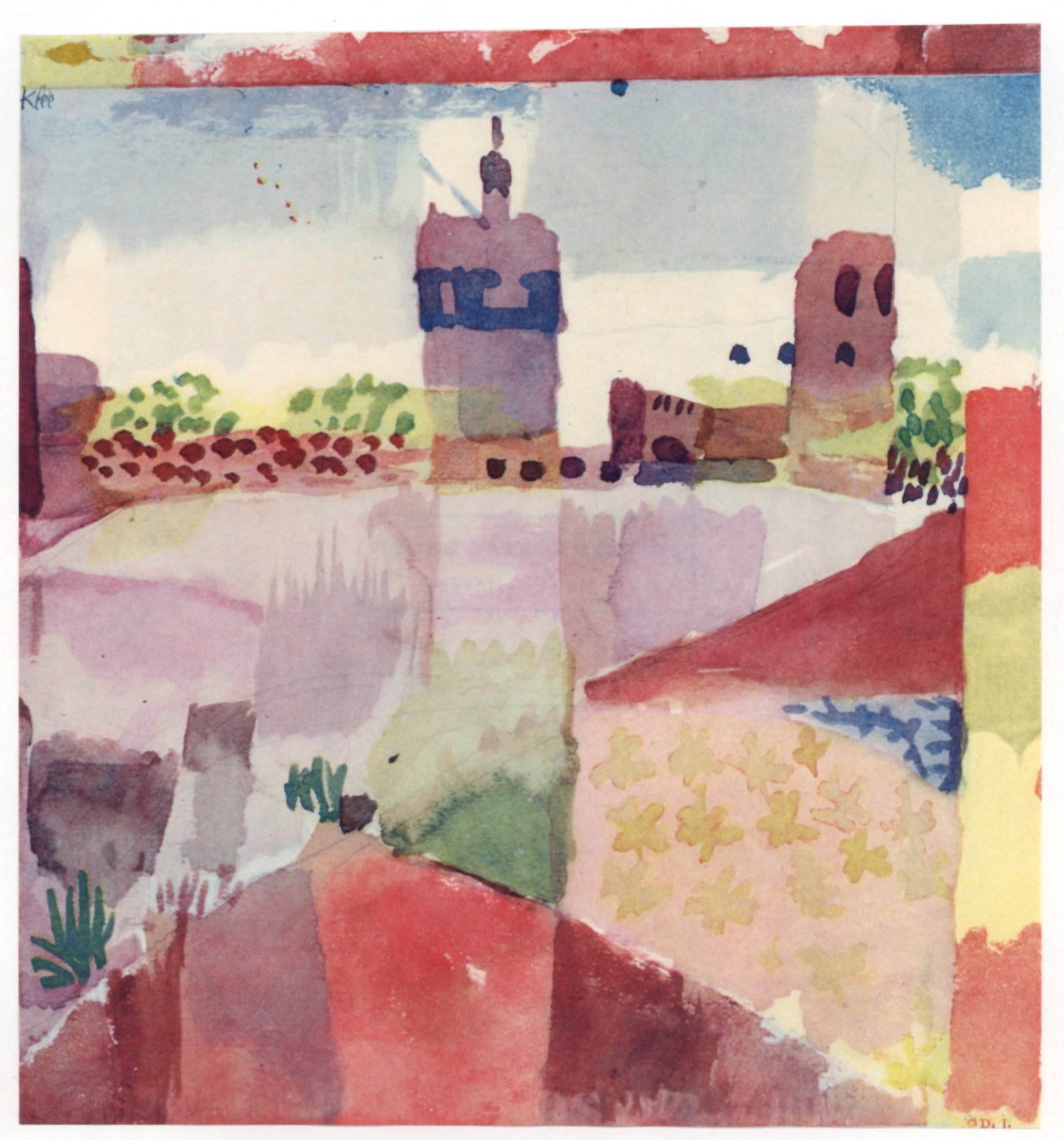 Paul Klee pochoir "Hammamet avec la mosquee": Medium: pochoir (after the watercolor). Printed in 1964 at the atelier of Daniel Jacomet for the "Paul Klee 12 Aquarelles" portfolio and published in Paris by the Berggruen Gallery in an edition of