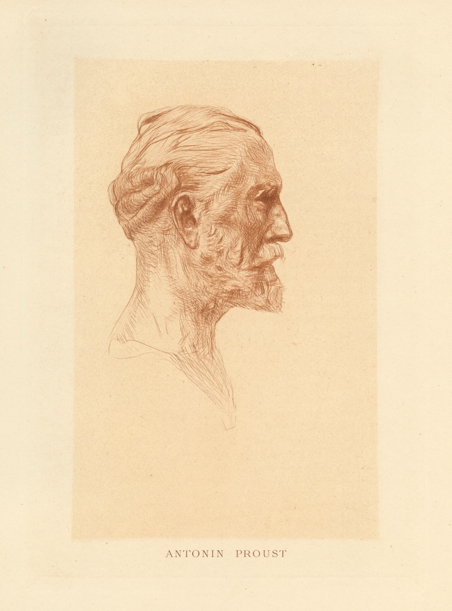 Auguste Rodin "Antonin Proust" original drypoint: Medium: original etching and drypoint. Catalogue reference: Delteil 10. Published in Paris in 1899 by H. Floury for Auguste Rodin "Statuaire" by Lon Maillard. This impression is printed in sanguine