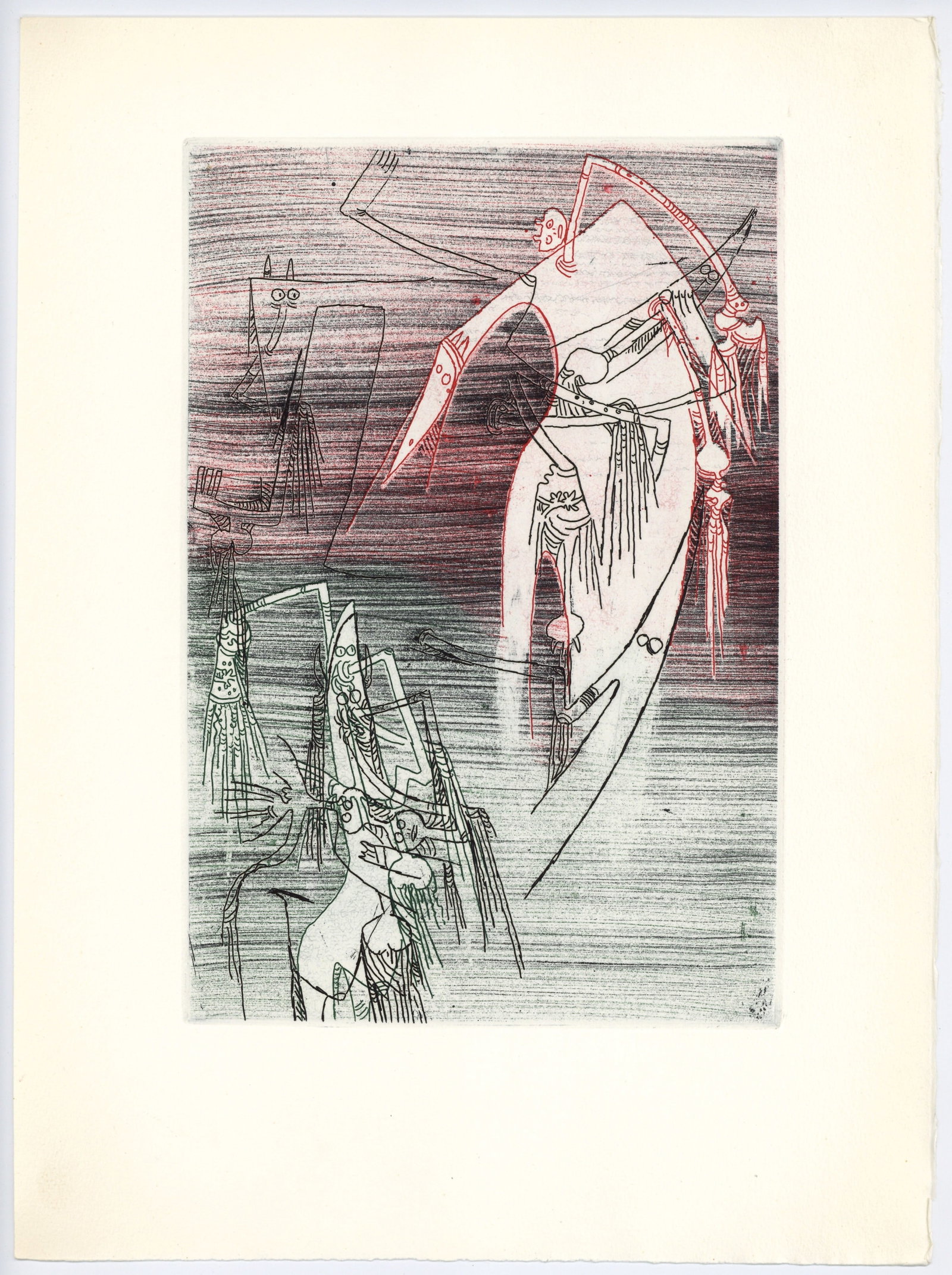 Wifredo Lam original etching for Paroles Peintes: Medium: original color etching. Printed in 1965 for the "Paroles Peintes II" portfolio, and published in Paris by Lazar-Vernet. This magnificent, rich impression is one of 150 printed on Johannot wove