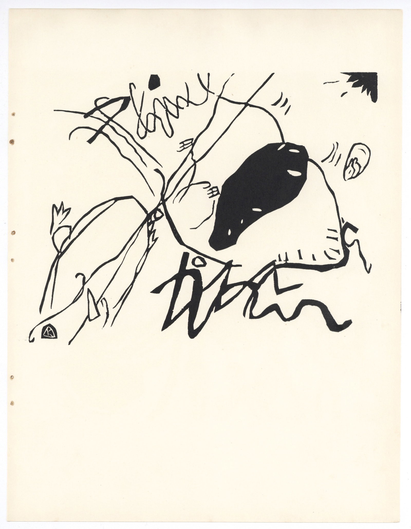 Wassily Kandinsky "Schwartzer Fleck" original woodcut: Medium: original woodcut. Catalogue reference Roethel 145. Printed in Paris in 1938 for the art revue XXe Siecle (issue number 3). Image size: 7 x 8 1/2 inches (170 x 218 mm). Sheet size: 12 1/2 x 9