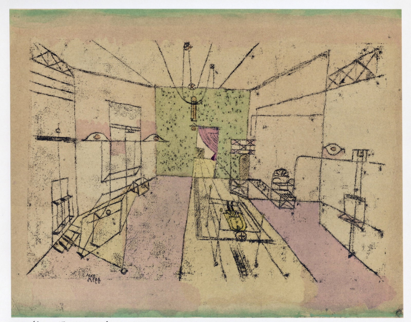 Paul Klee pochoir "Fantasmagorie perspective": Medium: pochoir (after the watercolor). Printed in 1964 at the atelier of Daniel Jacomet for the "Paul Klee 12 Aquarelles" portfolio and published in Paris by the Berggruen Gallery in an edition of