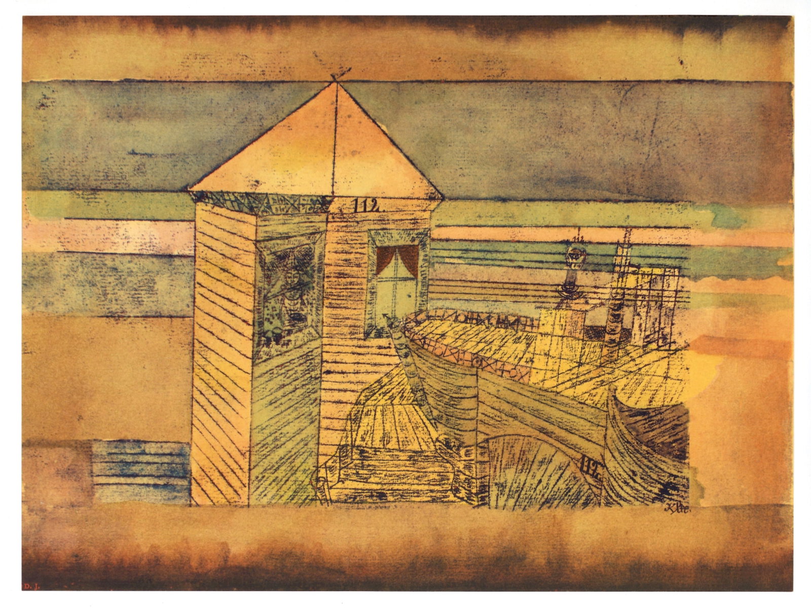 Paul Klee pochoir "Accostage miraculeux ou 112": Medium: pochoir (after the watercolor). Printed in 1964 at the atelier of Daniel Jacomet for the "Paul Klee 12 Aquarelles" portfolio and published in Paris by the Berggruen Gallery in an edition of
