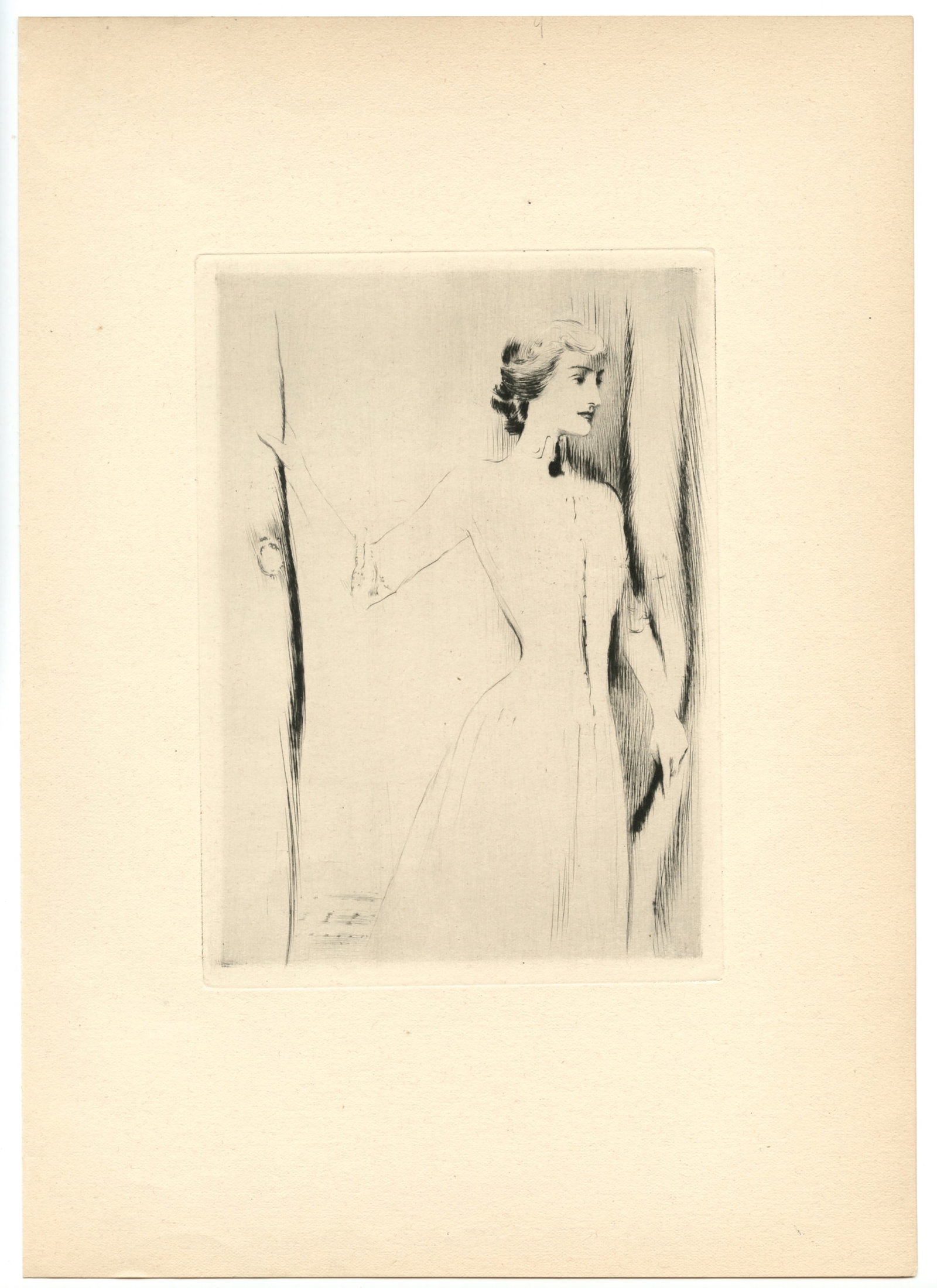 Fernand Khnopff original drypoint "Un rideau": Medium: original etching and drypoint. This impression on wove paper was printed in 1904 and published in Paris by the Revue de l'Art ancien et moderne. Plate size: 6 5/8 x 4 3/4 inches (170 x 120
