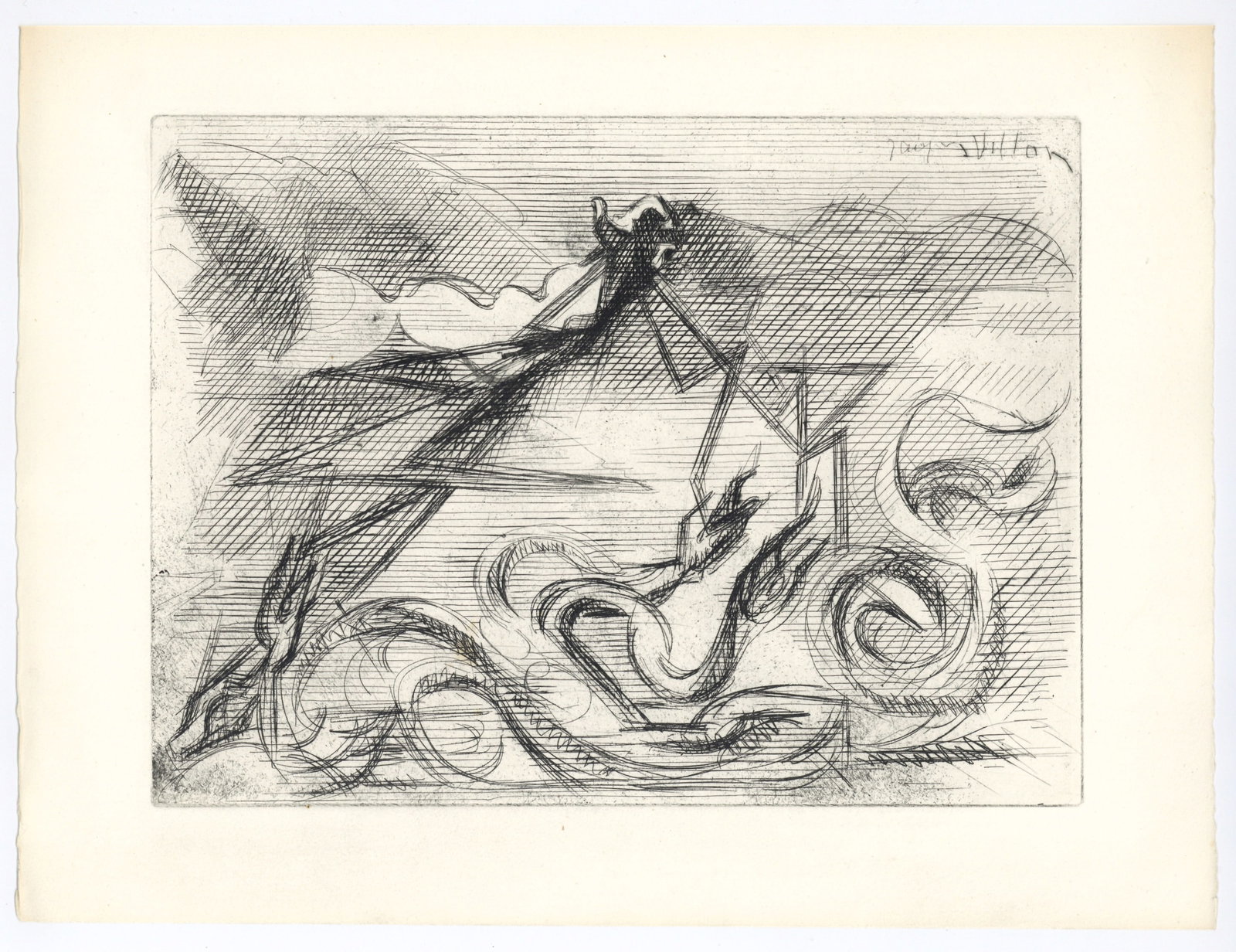 Jacques Villon original etching for Alternance: Medium: original etching. Printed in 1946 on at the atelier Quesneville on BFK Rives paper and published in a limited edition of 300 for the "Alternance" portfolio (a collective art and literary proje