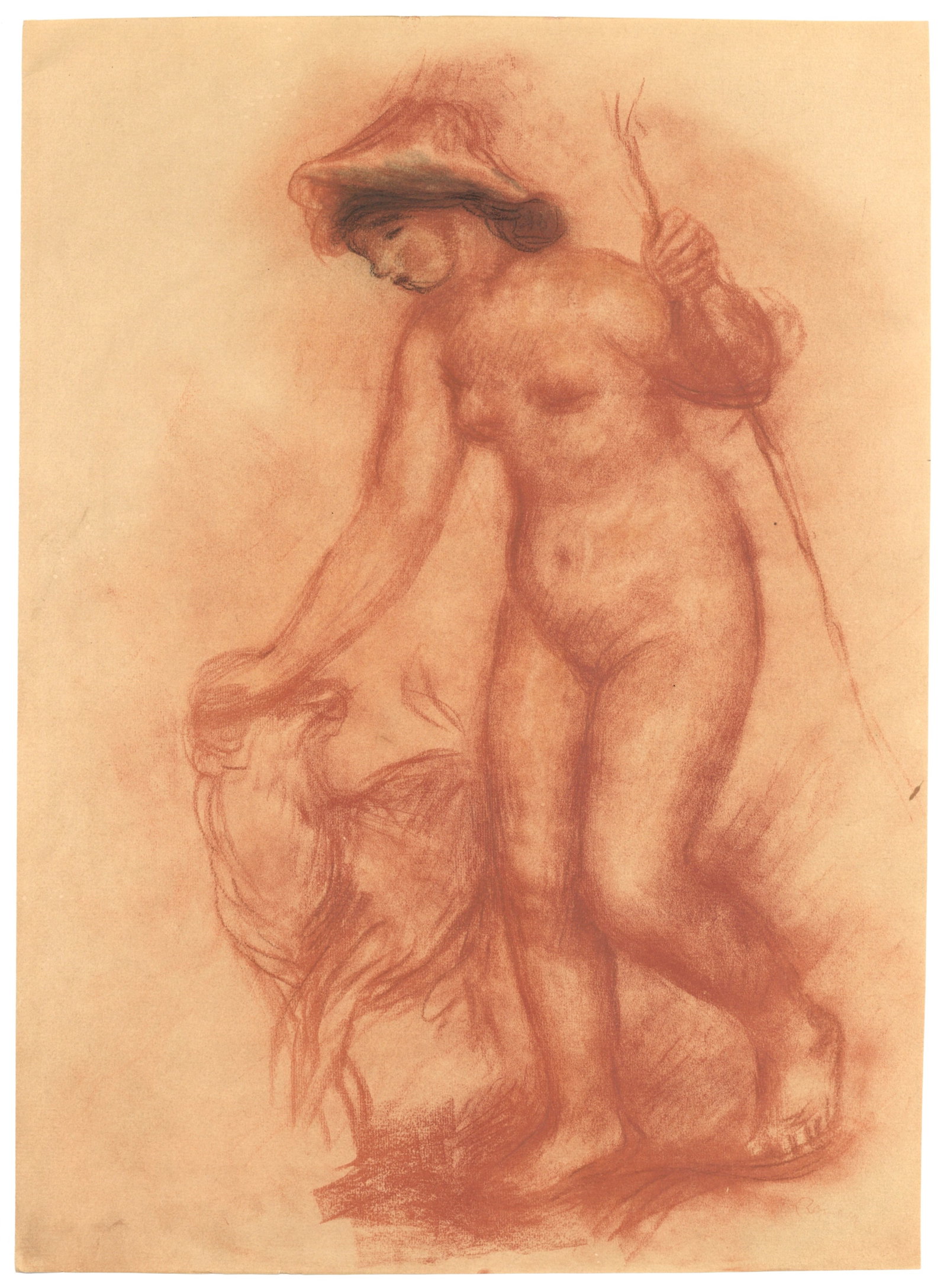 Pierre-Auguste Renoir pochoir "La Bergere": Medium: pochoir (after the drawing in sanguine). Printed in 1923 in an edition of 150 on Arches paper at the atelier Jacomet and published in Paris by Bernheim-Jeune for the rare "Renoir, peintre du