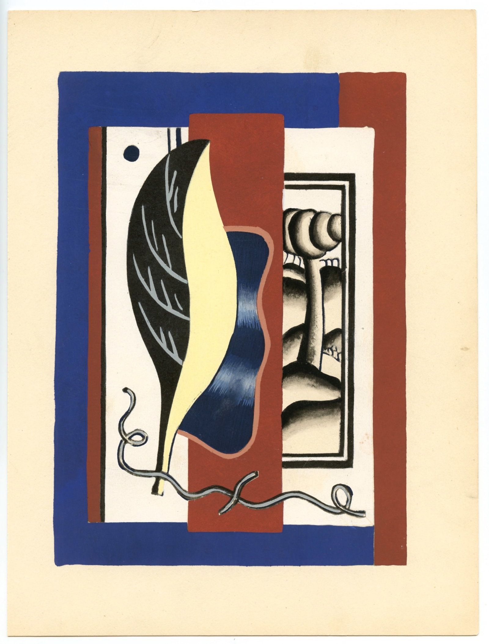 Fernand Leger 1928 pochoir "La feuille jaune": Medium: pochoir (after the gouache). Published in Paris in 1928 by Teriade for Editions Cahiers d'Art in an edition of 800. This impression was printed on Velin de Torpes paper. Image size: 8 1/2 x 6