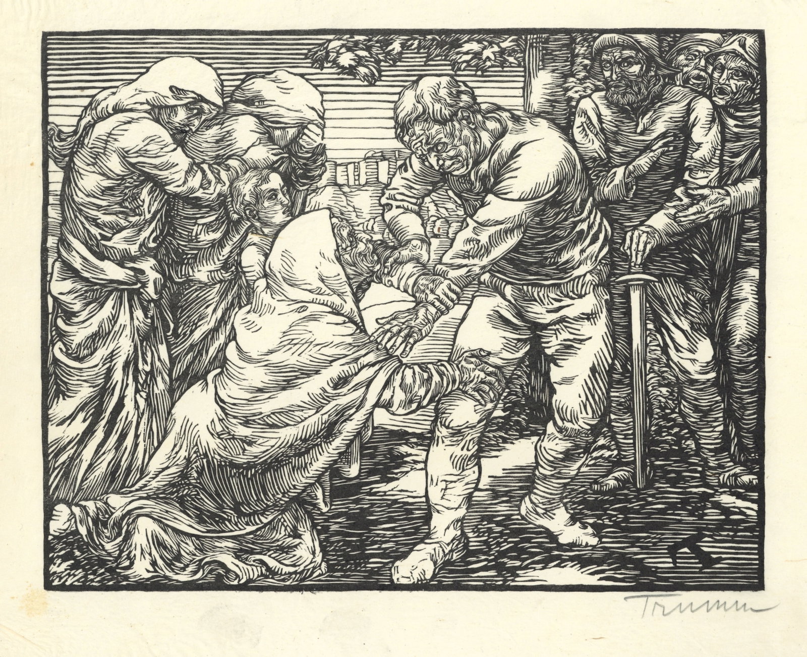 Peter Trumm "Coriolan und seine Mutter" signed original woodcut: Coriolanus and his Mother Medium: original woodcut. Signed in pencil by Peter Trumm and printed in Germany in 1922 for the very rare "Die zweite Ganymed-Mappe" portfolio of "Das vierte Jahrbuch der