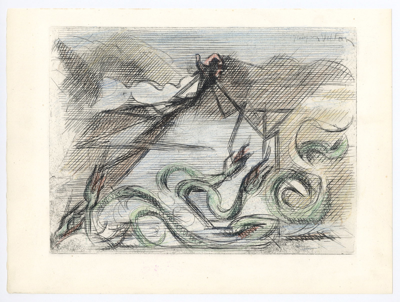 Jacques Villon original etching for Alternance: Medium: original etching. Printed in 1946 on at the atelier Quesneville on BFK Rives paper and published in a limited edition of 300 for the "Alternance" portfolio (a collective art and literary