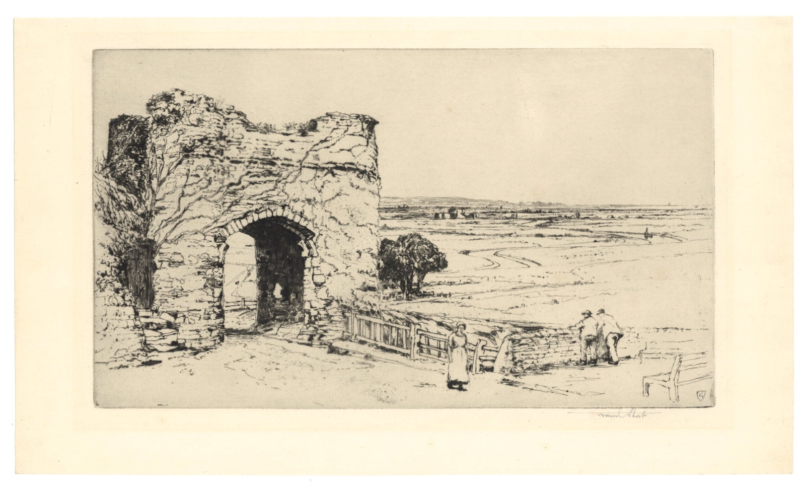 Frank Short "Strand Gate, Winchelsea" pencil-signed etching: Medium: original etching and drypoint. Catalogue reference: Hardie 367. Signed in pencil. Executed in 1910, this is a nice impression with plate tone printed on laid paper. Plate size: 7 1/4 x 12 1/2 