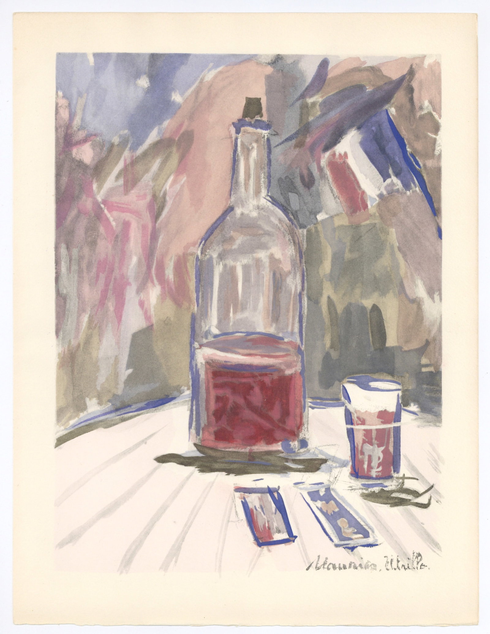 Maurice Utrillo pochoir "Vin d'honneur": Medium: pochoir (after the watercolor). Printed on Arches paper in 1956 at the atelier Daniel Jacomet for the Vins, fleurs et flammes portfolio, and issued in a limited edition of 380. Size: 12 3/4 x