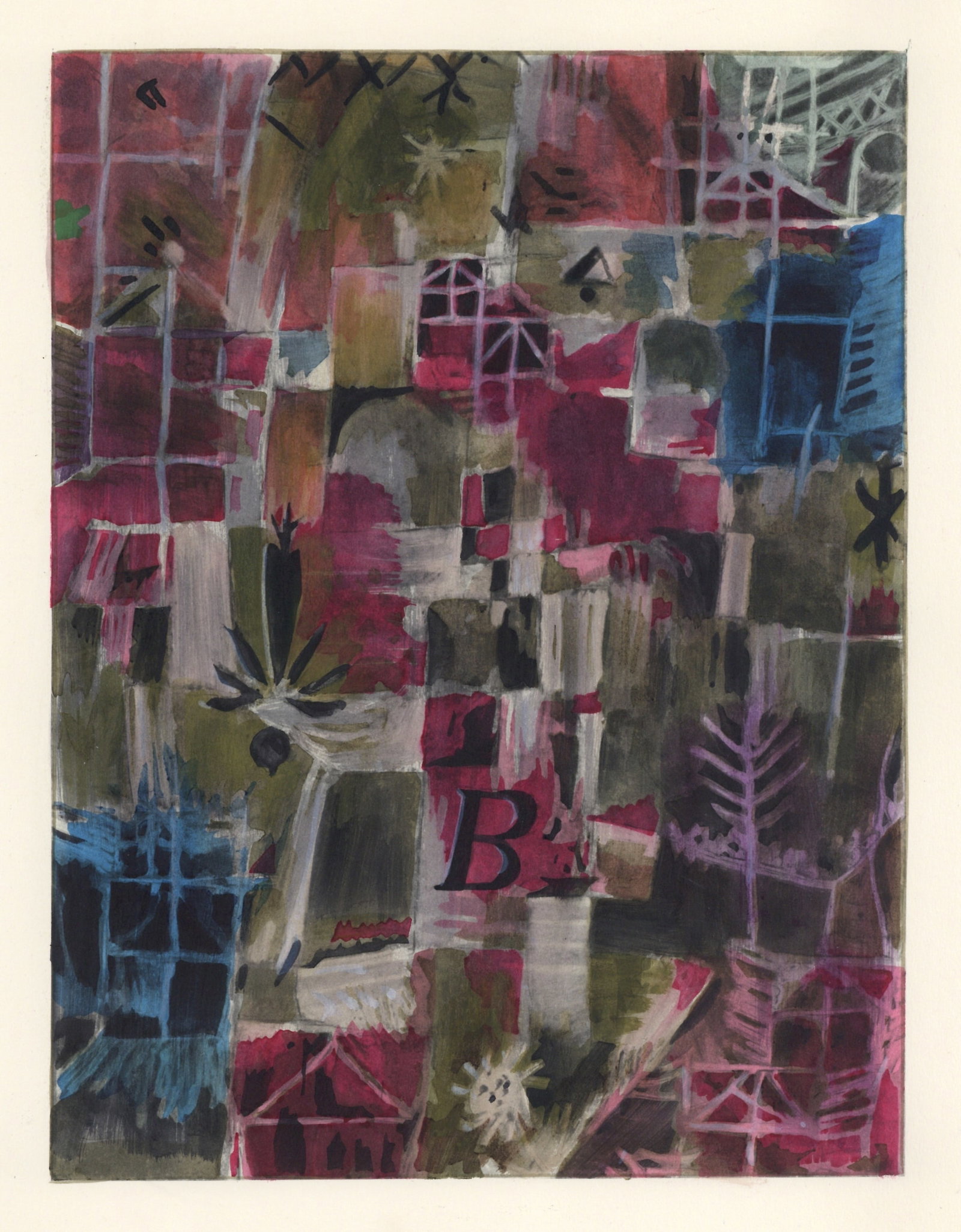 Paul Klee pochoir "Composition in B": Medium: offset lithograph with pochoir coloring. Printed in 1958 and published in Milan by Silvana Editoriale d'Arte in an edition of 200. Image size: 11 x 8 1/4 inches (278 x 210 mm). Sheet size: 15