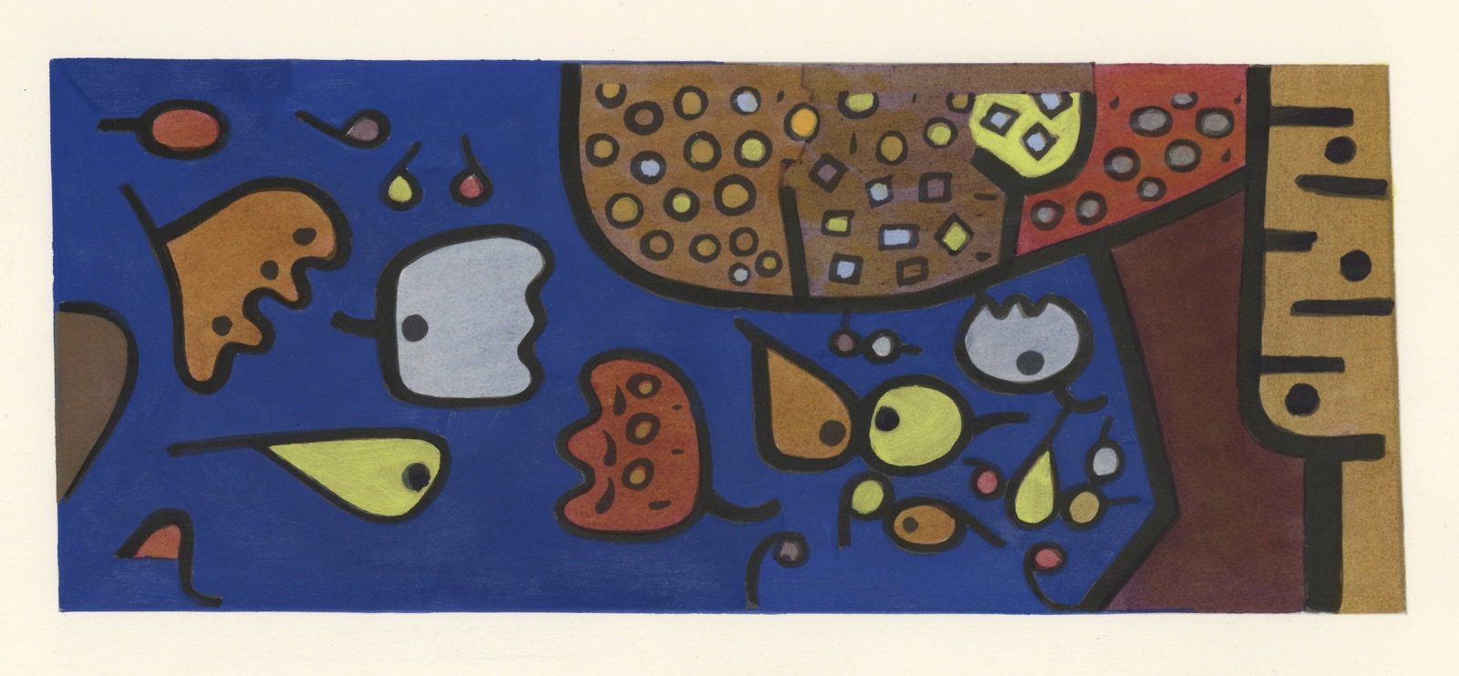 Paul Klee pochoir "Fruit on Blue": Medium: offset lithograph with pochoir coloring. Printed in 1958 and published in Milan by Silvana Editoriale d'Arte in an edition of 200. Image size: 4 1/2 x 11 inches (115 x 282 mm). Sheet size: 11