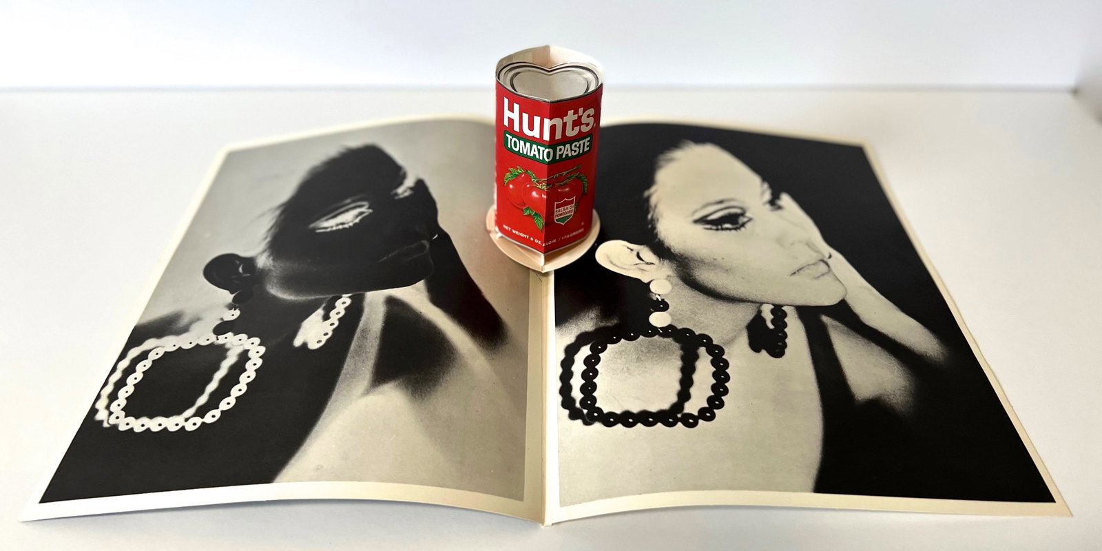 Andy Warhol lithograph multiple "Hunts Tomato Paste" 1967: This is a three-dimensional paper construction mounted onto a double-page photolithograph; when the folded sheet is opened the construction pops up. Created by Andy Warhol and published in 1967 by