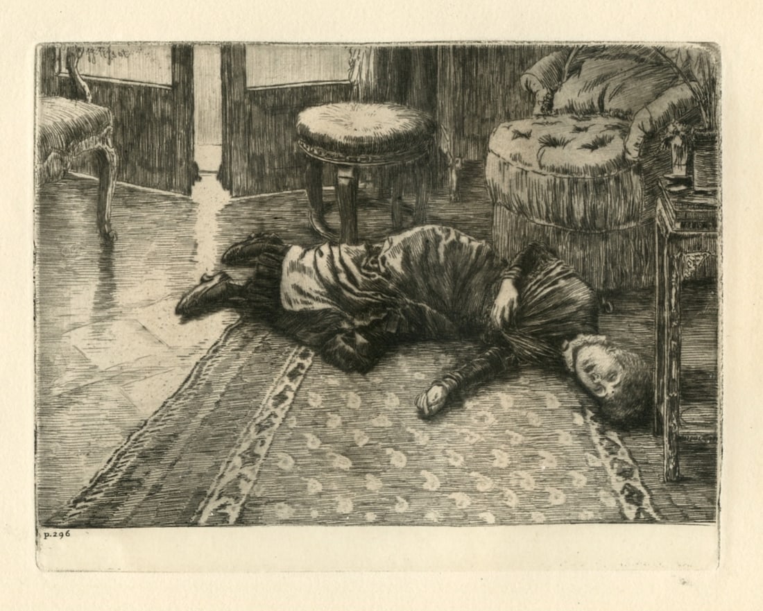 James Tissot original etching: Medium: original etching. Executed by Tissot for the "Rene Mauperin" suite of etchings, published in Paris in 1884 by Charpentier in a limited edition of 550. This is a nice impression printed on