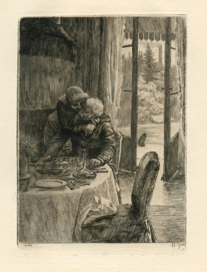 James Tissot original etching: Medium: original etching. Executed by Tissot for the "Rene Mauperin" suite of etchings, published in Paris in 1884 by Charpentier in a limited edition of 550. This is a nice impression printed on