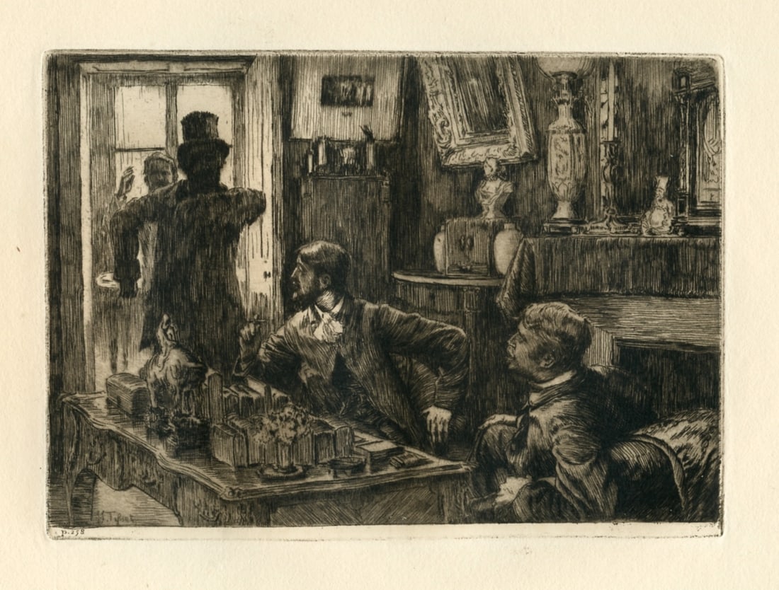 James Tissot original etching: Medium: original etching. Executed by Tissot for the "Rene Mauperin" suite of etchings, published in Paris in 1884 by Charpentier in a limited edition of 550. This is a nice impression printed on