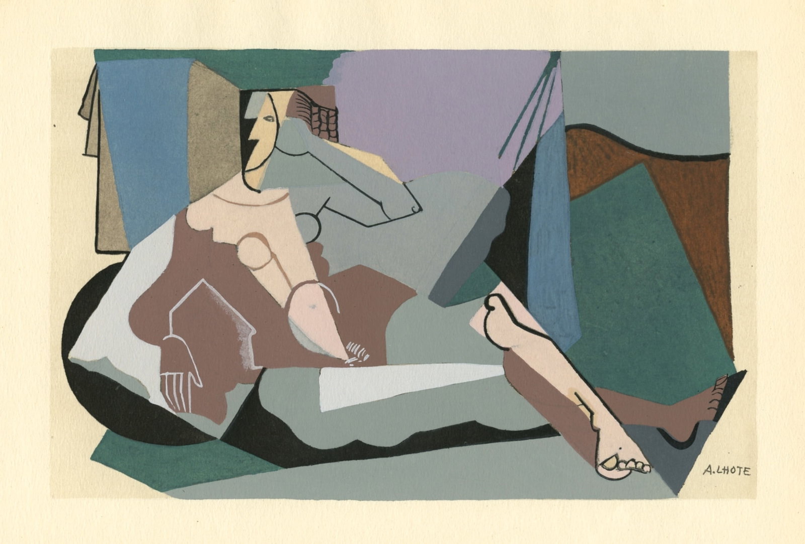 Andre Lhote 1929 Cubist pochoir: Medium: pochoir (after the gouache). Printed in Paris in 1929 at the atelier of Daniel Jacomet for L'Art Cubiste. Image size: 5 1/4 x 8 1/8 inches (132 x 205 mm). A text inscription beneath the image