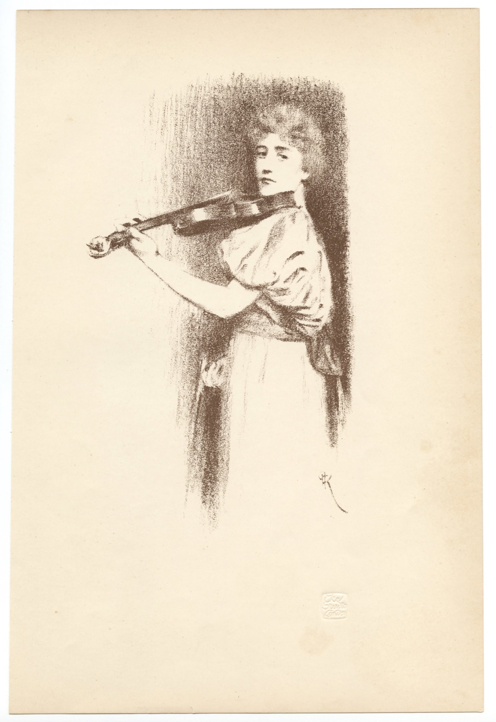 Fernand Khnopff "A violinist" original lithograph: Medium: original lithograph. Printed in 1898 and published in London by "The Studio". Image size: 7 1/4 x 4 1/4 inches (185 x 110 mm). Sheet size: 11 x 7 1/2 inches (283 x 192 mm). Signed in the