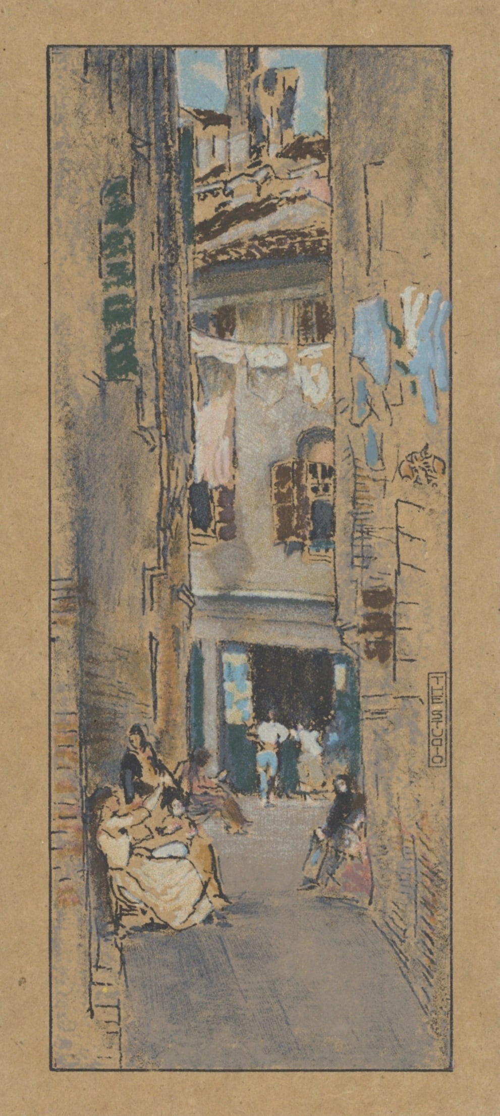James Whistler lithograph "Bead-Stringers, Venice" 1905: Medium: lithograph (after the pastel). The lithography was executed by Whistler's friend and fellow artist Thomas Way, and published in London by The Studio in 1905 for a rare deluxe portfolio.