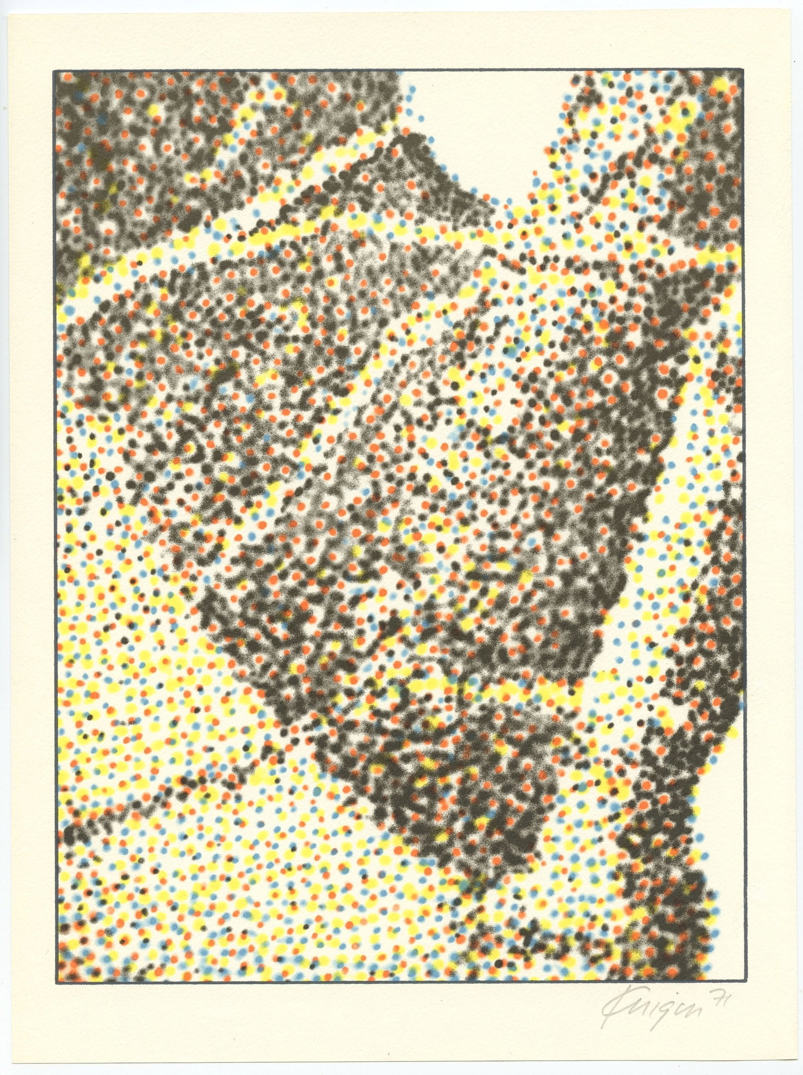 Michael Knigin signed original lithograph "Local Choice": Medium: original offset lithograph. Signed and dated in pencil by Michael Knigin. Printed in 1971 for The Artist's Proof art revue and published by the Pratt Graphic Art Center. Image size: 9 1/2 x 7