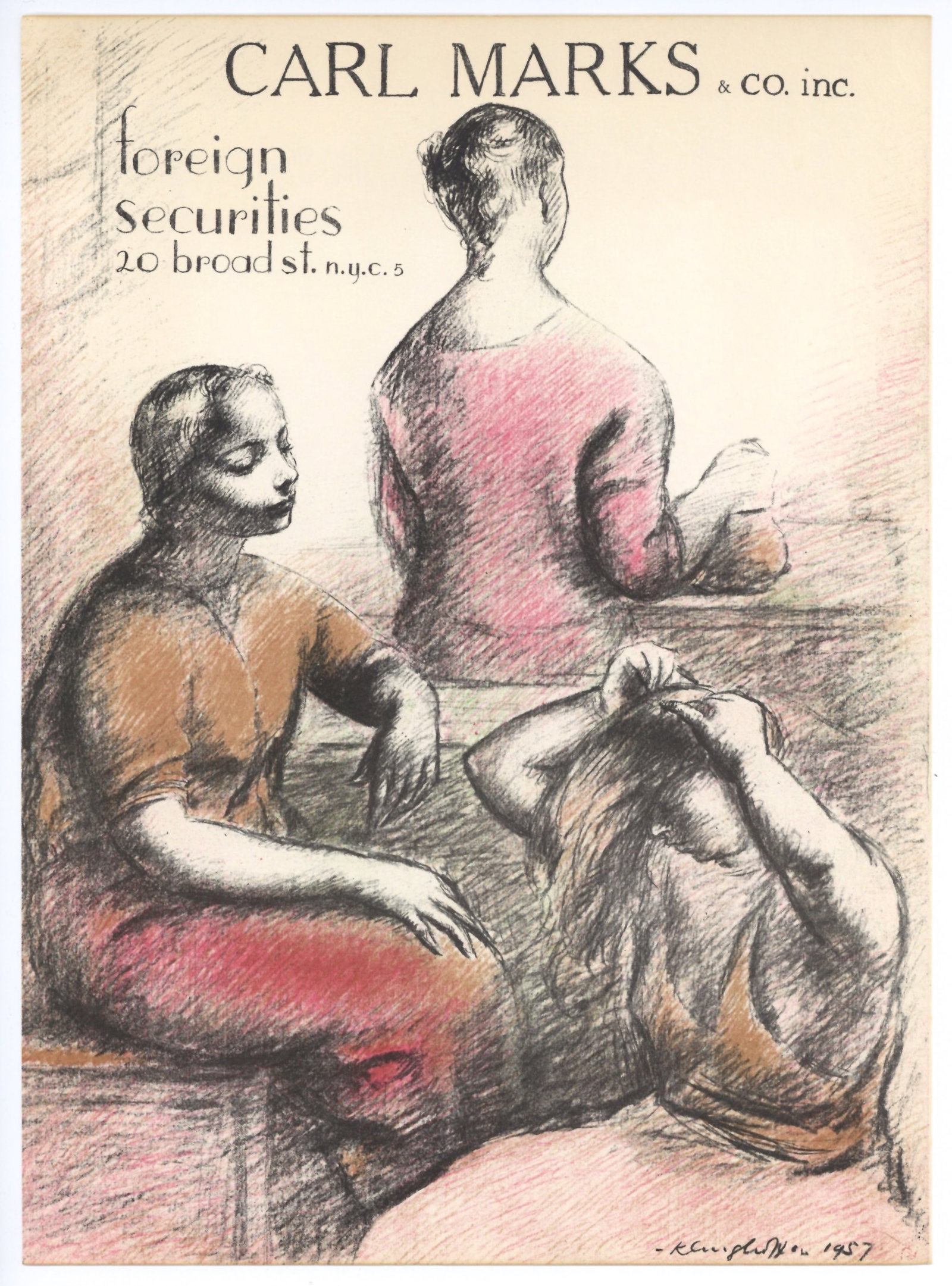 Clara Klinghoffer original lithograph: Medium: original lithograph. This lithograph was printed for the inside back cover of the 1957 "Improvisations" portfolio, published by the Artists Equity Association of New York on the occasion of