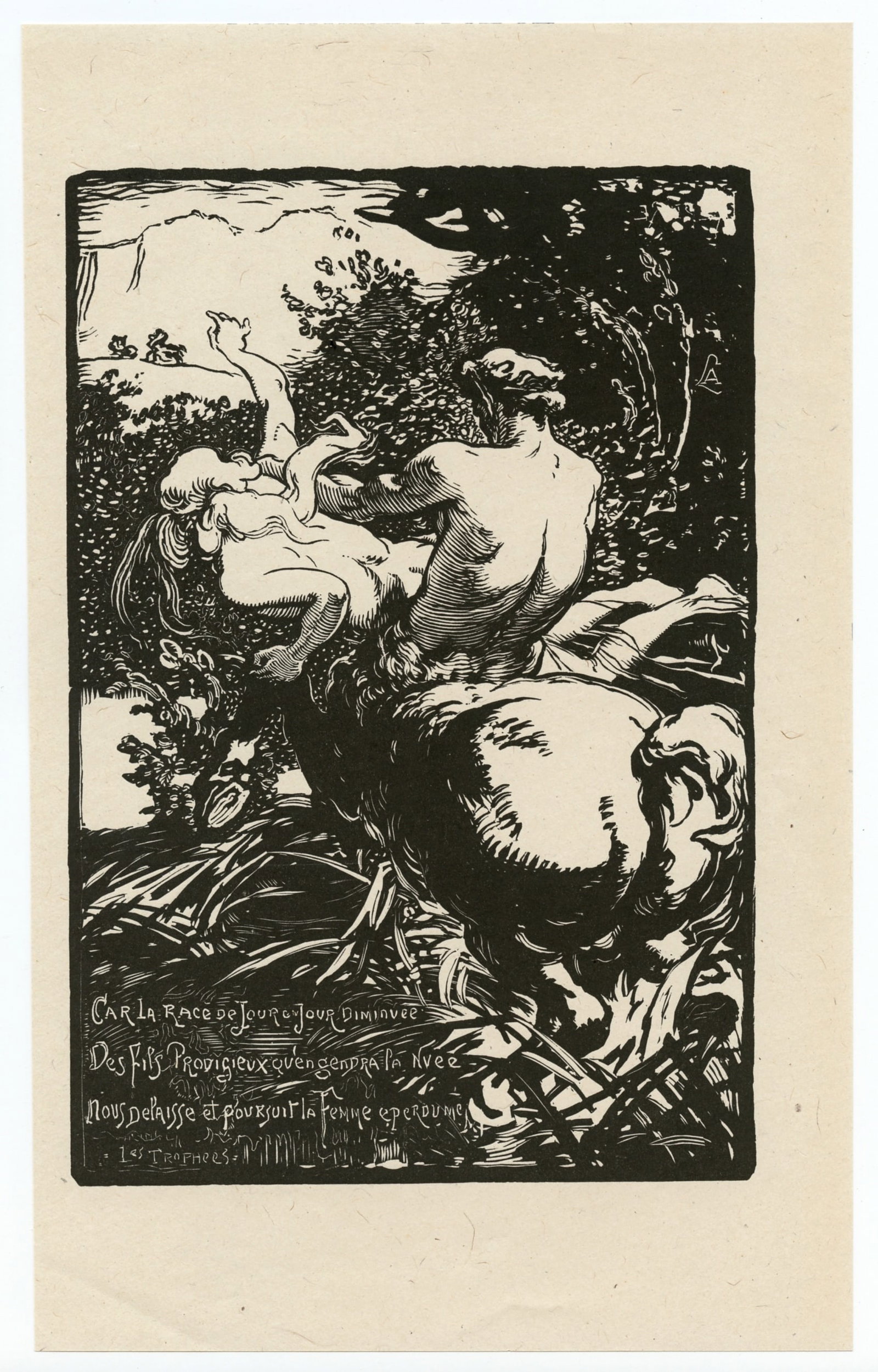 Auguste Louis Lepere original woodcut "Le centaure": Medium: original woodcut. This impression on thin wove paper was printed in 1902 and published by Gazette des Beaux Arts. Image size: 8 1/8 x 5 1/2 inches (207 x 140 mm). Signed in the plate, not by