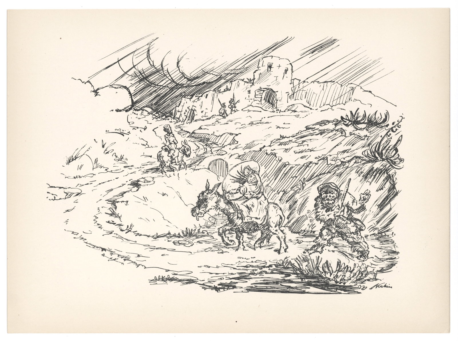 Alfred Kubin original lithograph "In Flight" (Auf der Flucht): Medium: original lithograph. Printed in 1920 on smooth wove paper for the Deutsche Graphiker der Gegenwart portfolio, and published in Leipzig by Klinkhardt & Biermann in an edition of 500. Sheet