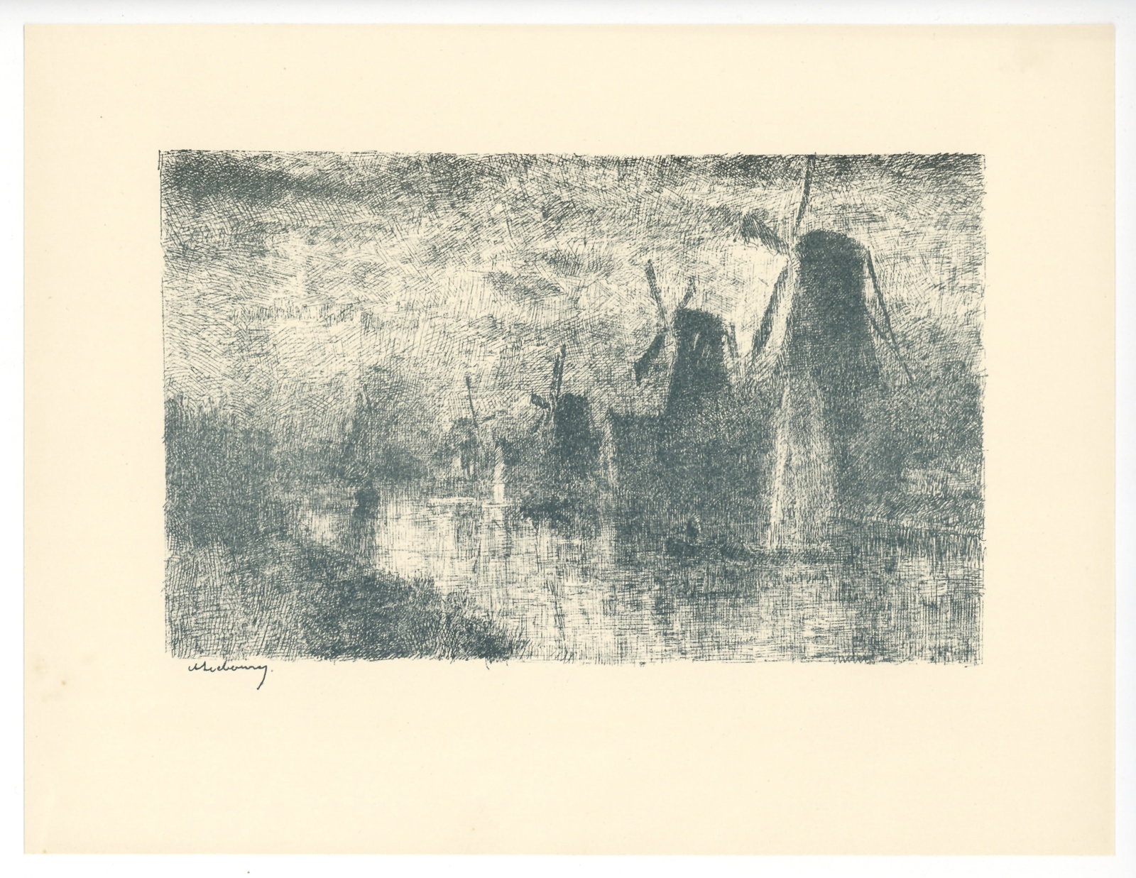 Albert Lebourg original lithograph "Moulins sur la Schie": Medium: original lithograph. Printed in 1897 for the rare portfolio "Art et Nature" by Leon Roger-Miles and published in Paris by Boudet in an edition of 525. Printed in blue-gray ink on Marais wove