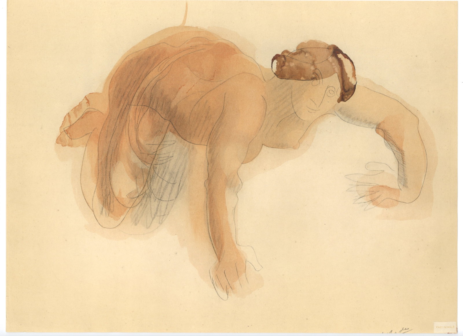 Auguste Rodin pochoir (Figure feminine): Medium: pochoir (after the watercolor). Printed in 1944 at the Rene Kieffer atelier and published by Rombaldi in an edition of 300 for the "La Varende" portfolio. Size: 11 1/2 x 15 3/4 inches (293 x