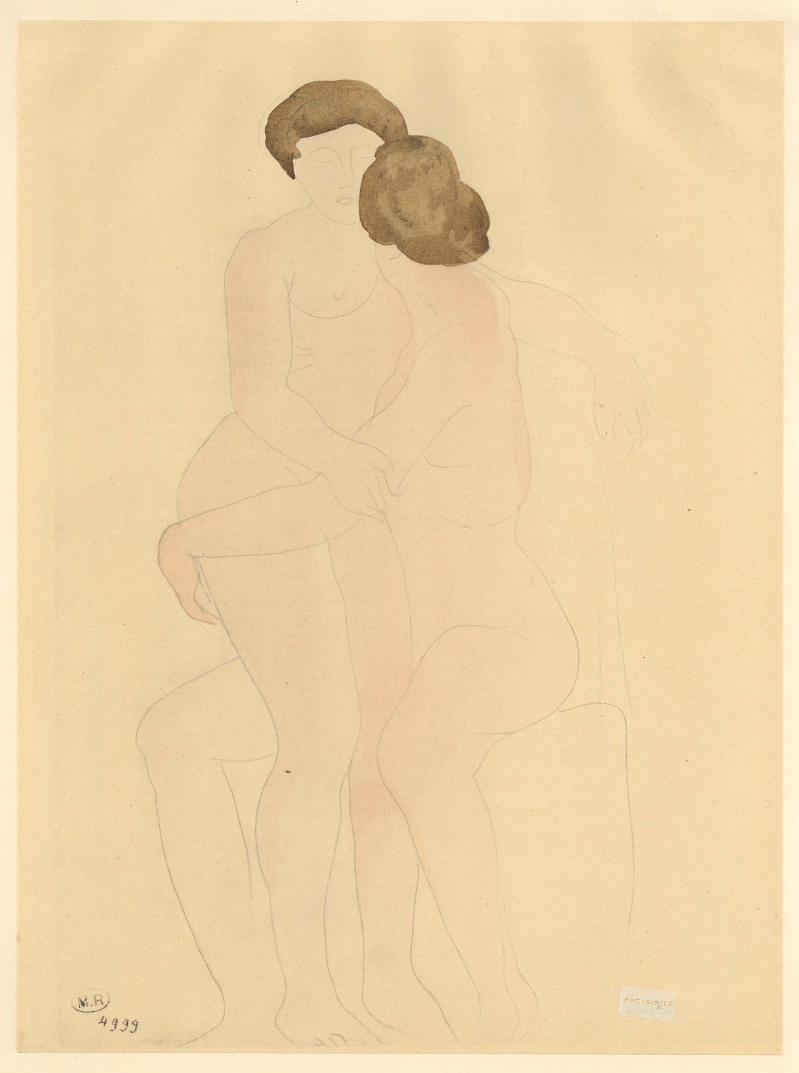 Auguste Rodin pochoir (Figure feminine): Medium: pochoir (after the watercolor). Printed in 1944 at the Rene Kieffer atelier and published by Rombaldi in an edition of 300 for the "La Varende" portfolio. Size: 13 1/2 x 10 inches (345 x 255