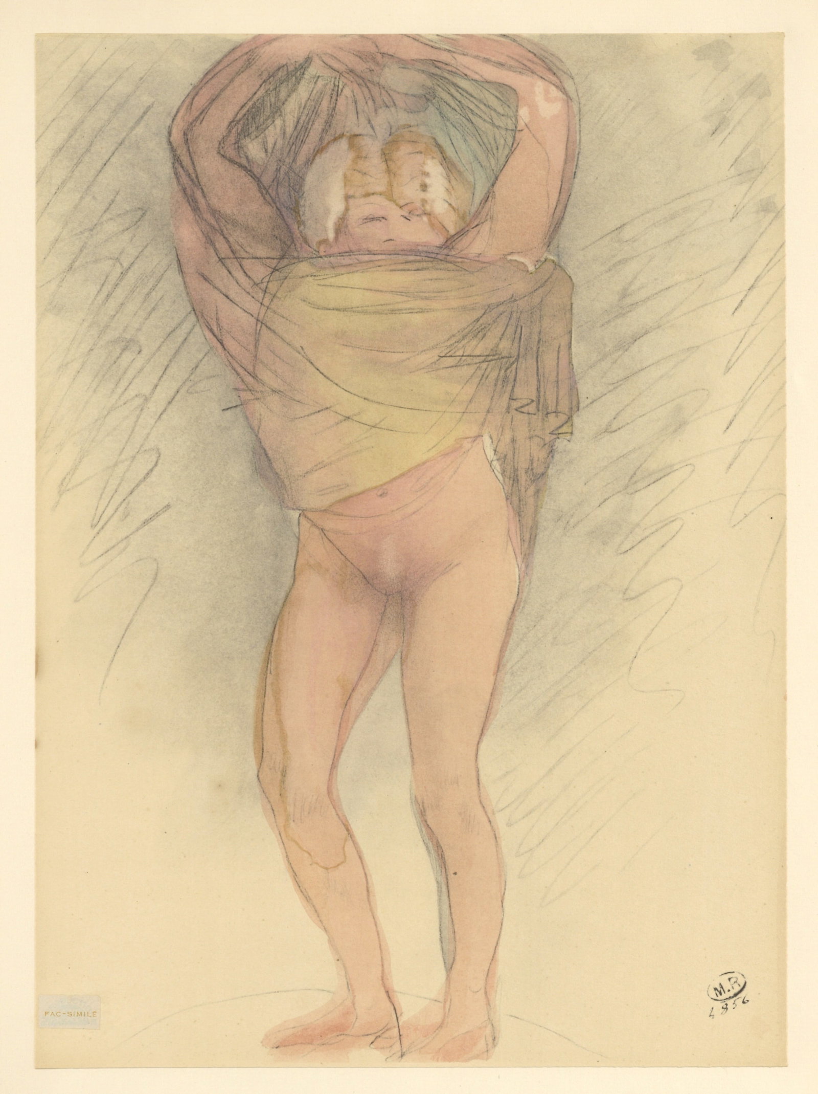 Auguste Rodin pochoir (Figure feminine): Medium: pochoir (after the watercolor). Printed in 1944 at the Rene Kieffer atelier and published by Rombaldi in an edition of 300 for the "La Varende" portfolio. Size: 12 1/2 x 9 inches (318 x 233