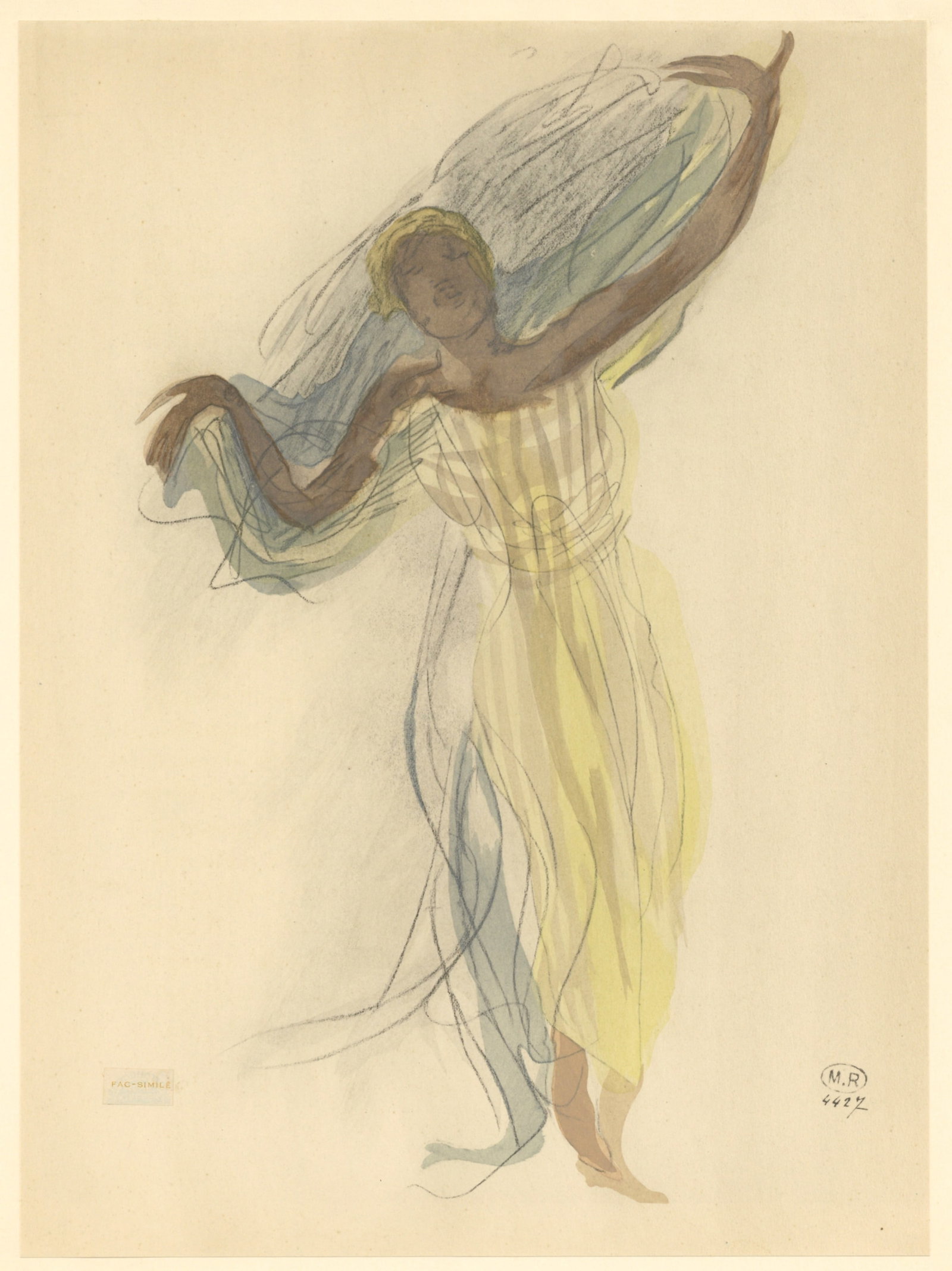 Auguste Rodin pochoir (Figure feminine): Medium: pochoir (after the watercolor). Printed in 1944 at the Rene Kieffer atelier and published by Rombaldi in an edition of 300 for the "La Varende" portfolio. Size: 13 1/4 x 9 3/4 inches (335 x
