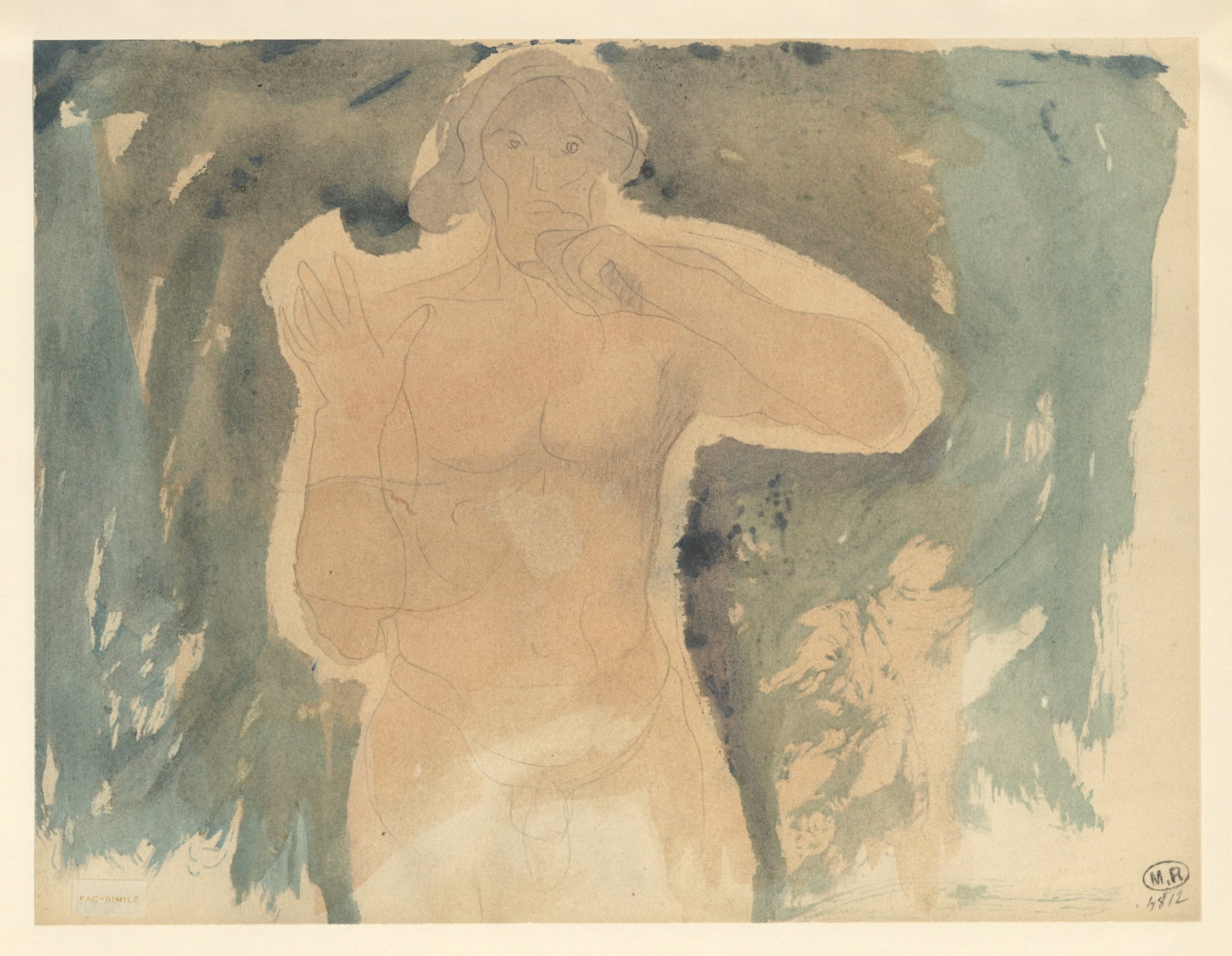 Auguste Rodin pochoir (Figure masculine): Medium: pochoir (after the watercolor). Printed in 1944 at the Rene Kieffer atelier and published by Rombaldi in an edition of 300 for the "La Varende" portfolio. Size: 9 1/2 x 12 1/2 inches (240 x