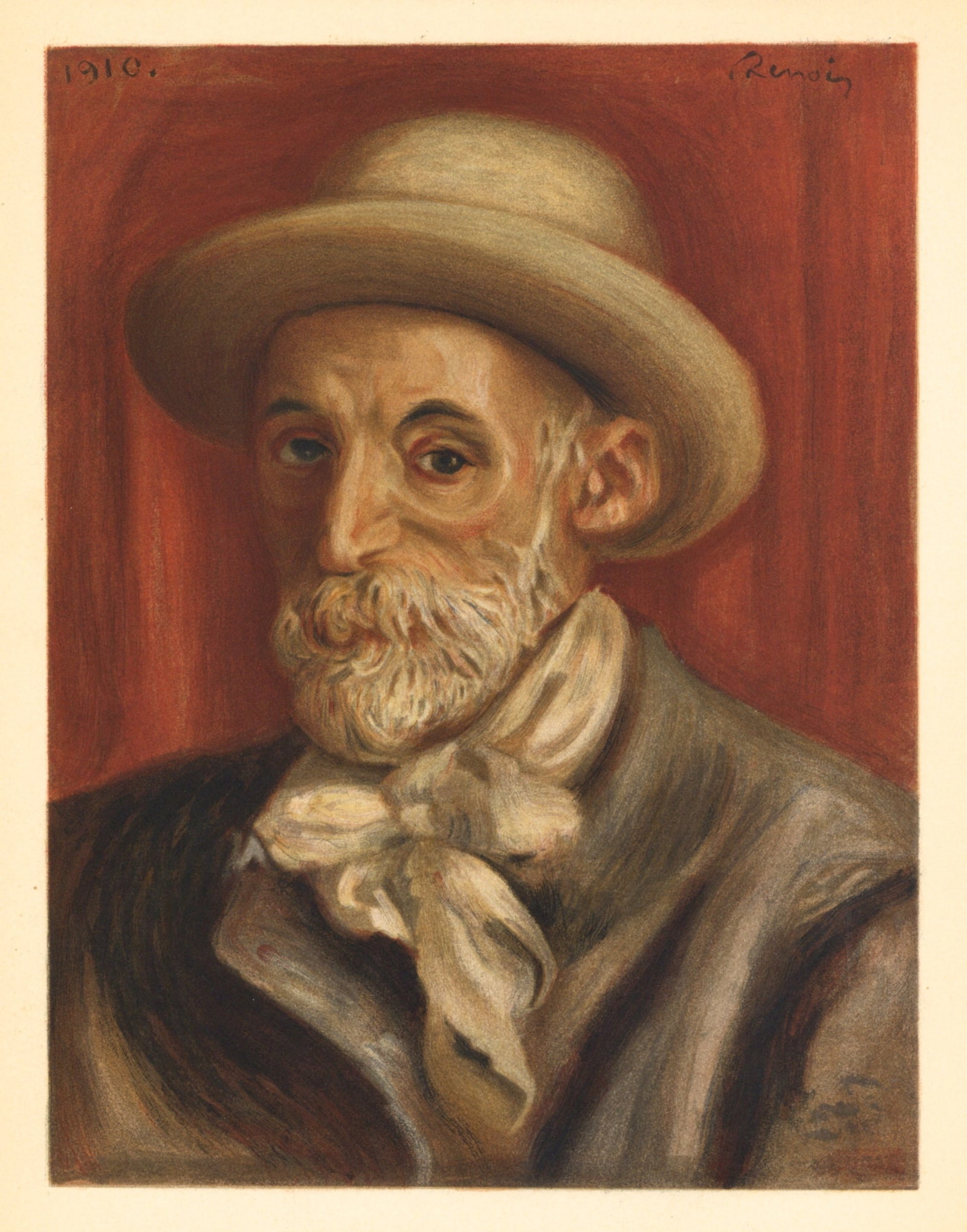 Pierre-Auguste Renoir lithograph "Self Portrait": Medium: lithograph (after the painting). Printed by Mourlot in 1951 in a limited edition of 3000. Sheet size: 12 1/2 x 9 1/2 inches (320 x 243 mm). There is text on the back side, as issued. Signed