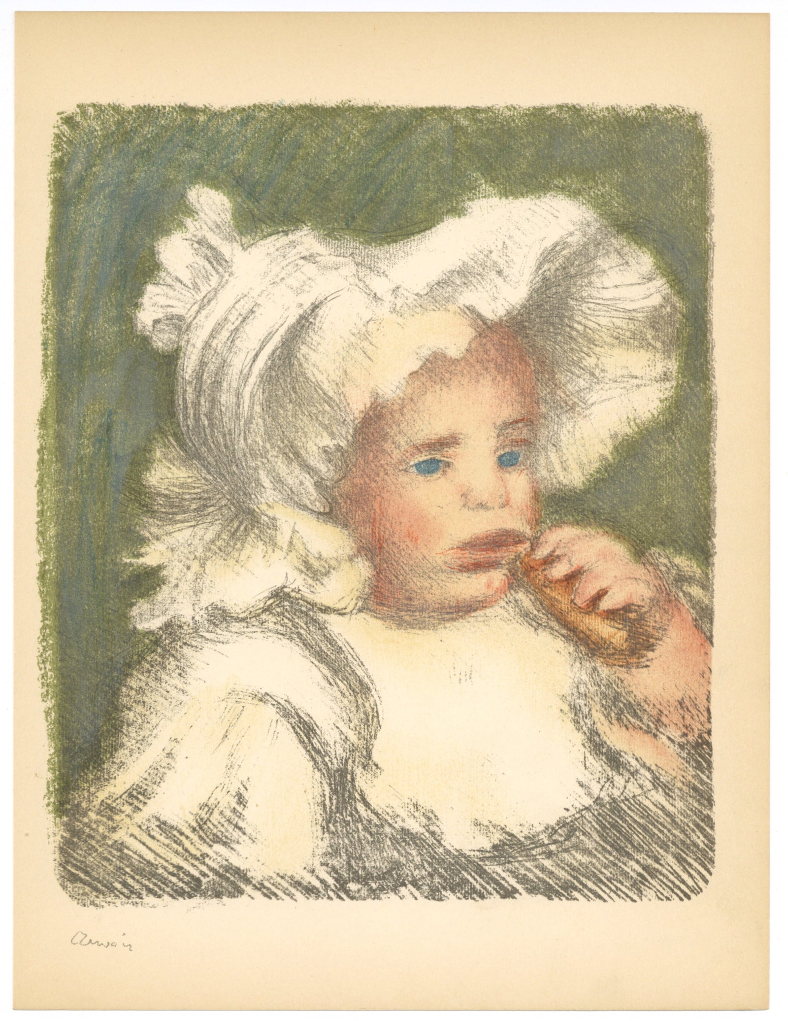 Pierre-Auguste Renoir lithograph "L'Enfant au biscuit": Medium: lithograph (after Renoir). Printed in 1951 at the atelier Mourlot using the same number of stones as the original, in a limited edition of 3000. Sheet size: 12 1/2 x 9 1/2 inches (320 x 243