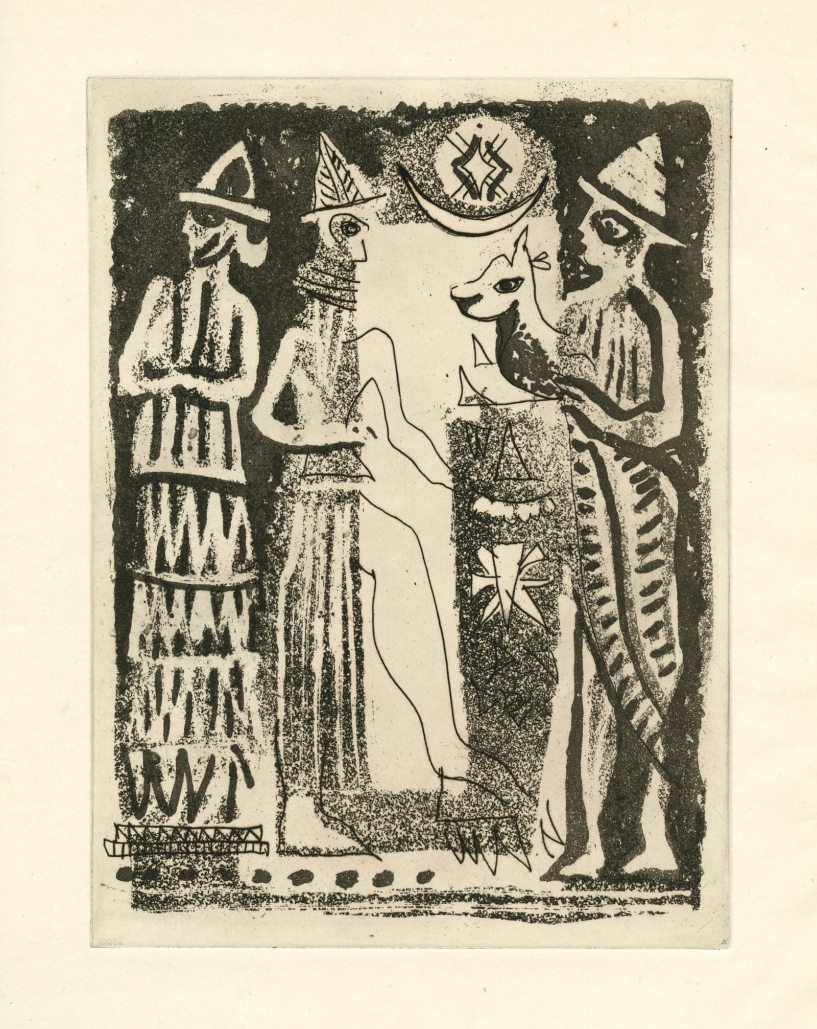 John Piper original aquatint "Figures from a Seal": Medium: original etching and aquatint. Printed in 1955 and published in New York by Curt Valentin. Plate size: 8 1/4 x 6 1/8 inches (212 x 156 mm). Sheet size: 12 x 9 3/8 inches (307 x 238 mm). Not