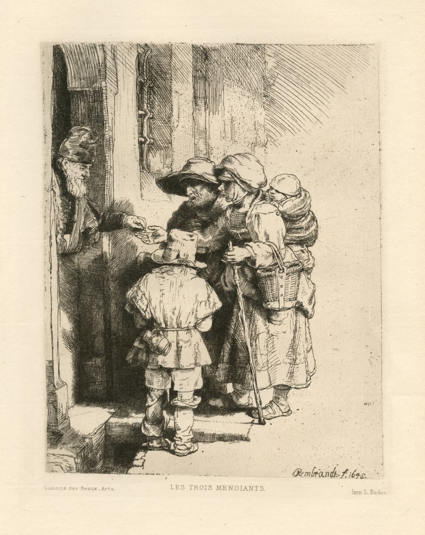 Rembrandt van Rijn (after) "Beggars Receiving Alms at the Door of a House" etching: Medium: etching (after Rembrandt). Also called "Les trois Mendiants". This is not an original Rembrandt etching, but is a good copy (by artist unknown) etched after Rembrandt. This impression on laid
