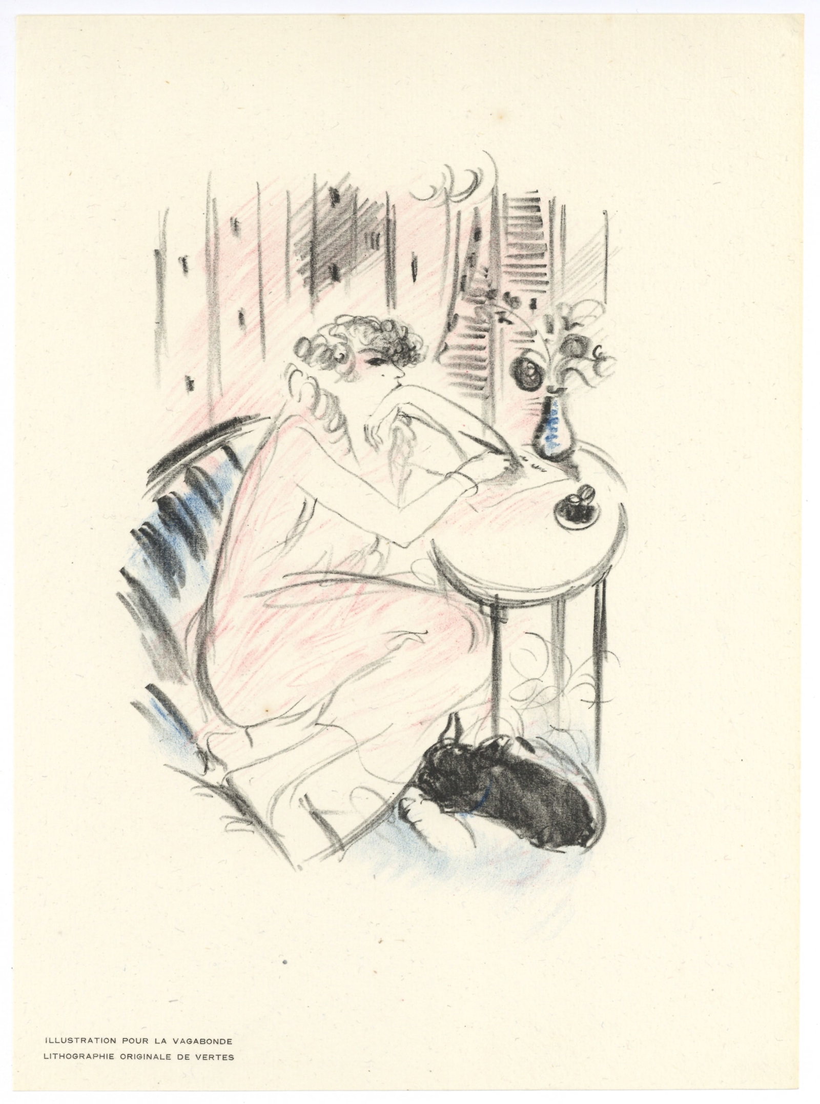 Marcel Vertes original lithograph "Collette la Vagabonde": Medium: original lithograph. Executed by Vertes in 1928 for "Collette la Vagabonde", this impression on laid paper was published by Arts et Metiers Graphiques. Size: 11 3/4 x 8 7/8 inches (300 x 225