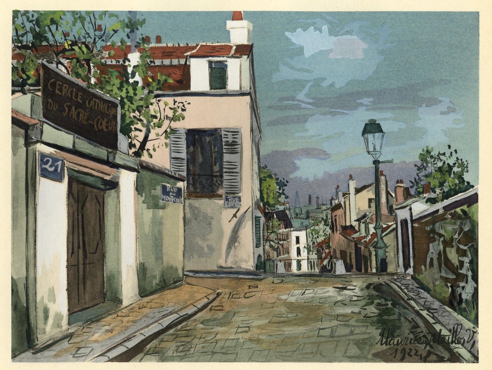 Maurice Utrillo pochoir "La rue du Mont-Cenis": Medium: pochoir (after the watercolor). Printed in 1924 and published in Paris by Albert Morance for "L'Art d'Aujourd'hui", and now very scarce. The publisher's provenance inscription is printed