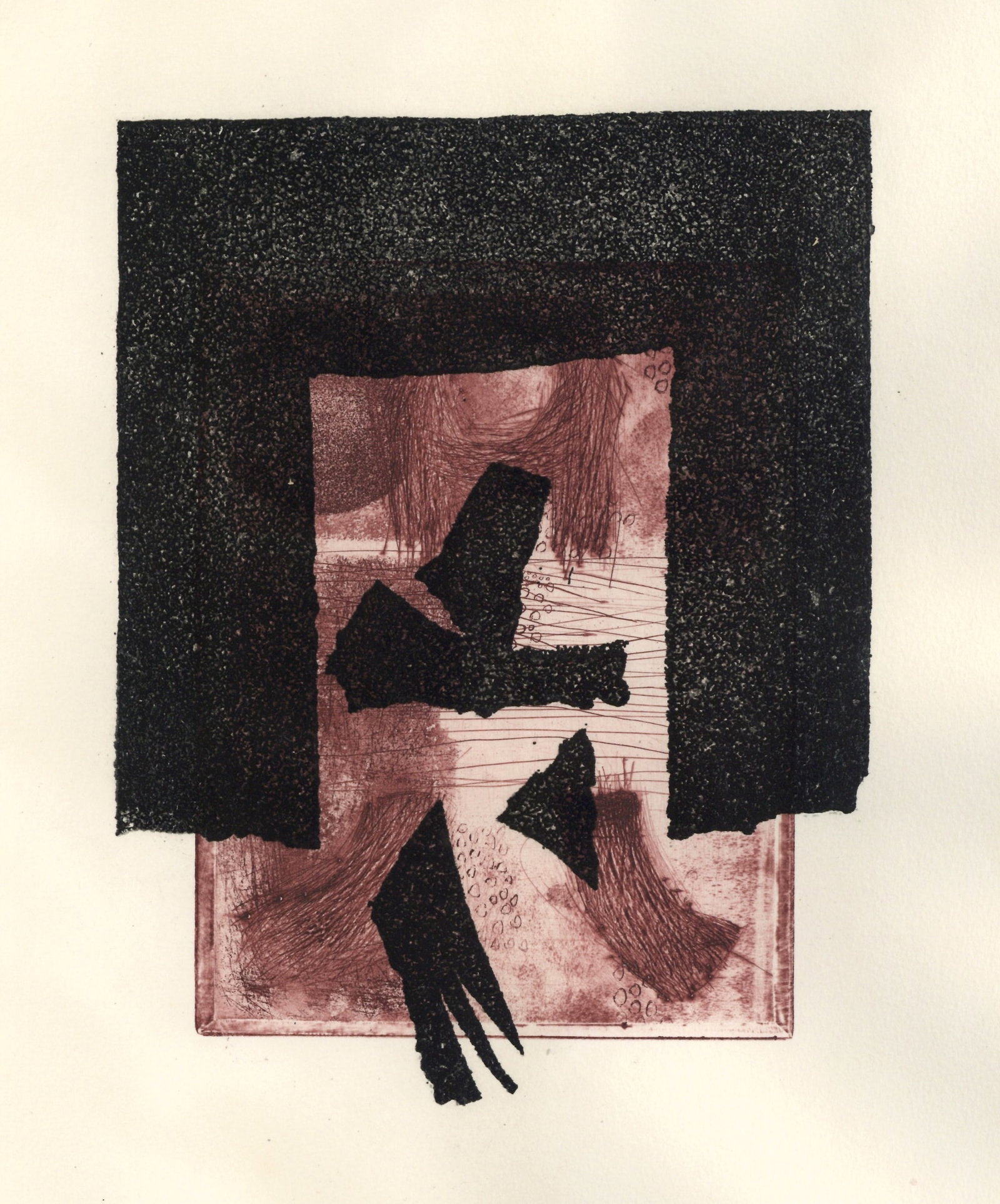 Kumi Sugai original etching for Paroles Peintes: Medium: original color etching. Executed in 1965 for the deluxe limited edition "Paroles Peintes II" portfolio, published in Paris by Lazar-Vernet. This magnificent, rich impression is one of 150