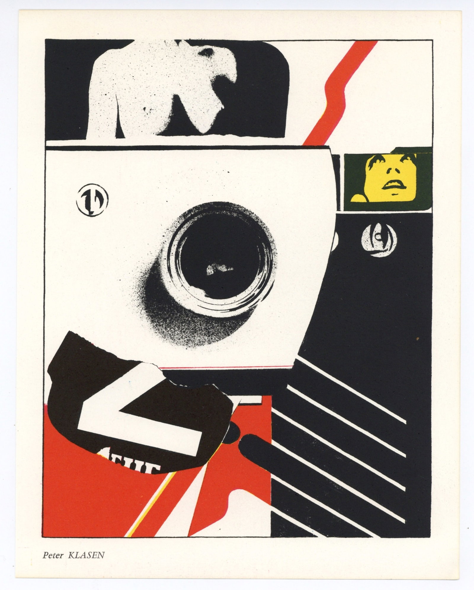 Peter Klasen original lithograph "Woman and Objektiv": Medium: original lithograph. Printed in Paris in 1967 by Clot, Bramsen et Georges and issued in an edition of 2500 for "Les Temps Situationistes" (The Situationist Times) -- now scarce. Size: 10 3/4