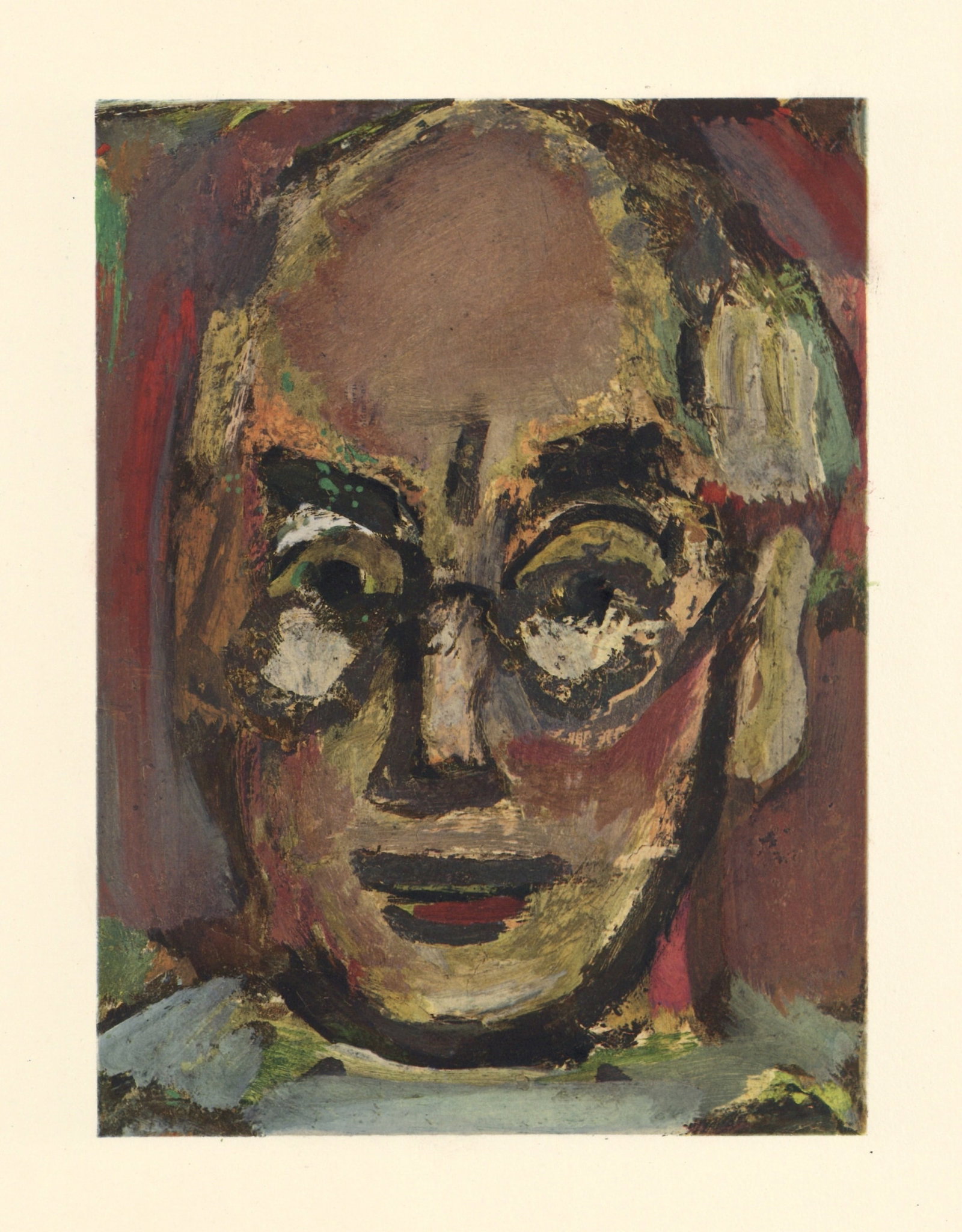 Georges Rouault pochoir "Le Docte" for Visages: Medium: pochoir (after the painting) for Georges Rouault's magnificent "Visages" portfolio, beautifully printed in 1969 by Daniel Jacomet on Chiffon de Mandeure wove paper in an edition of 450. The