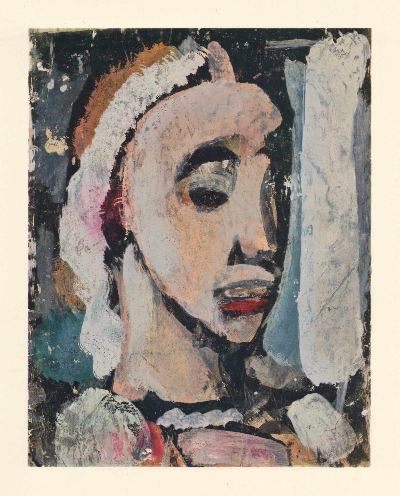 Georges Rouault pochoir "Delphine" for Visages: Medium: pochoir (after the painting) for Georges Rouault's magnificent "Visages" portfolio, beautifully printed in 1969 by Daniel Jacomet on Chiffon de Mandeure wove paper in an edition of 450. The im