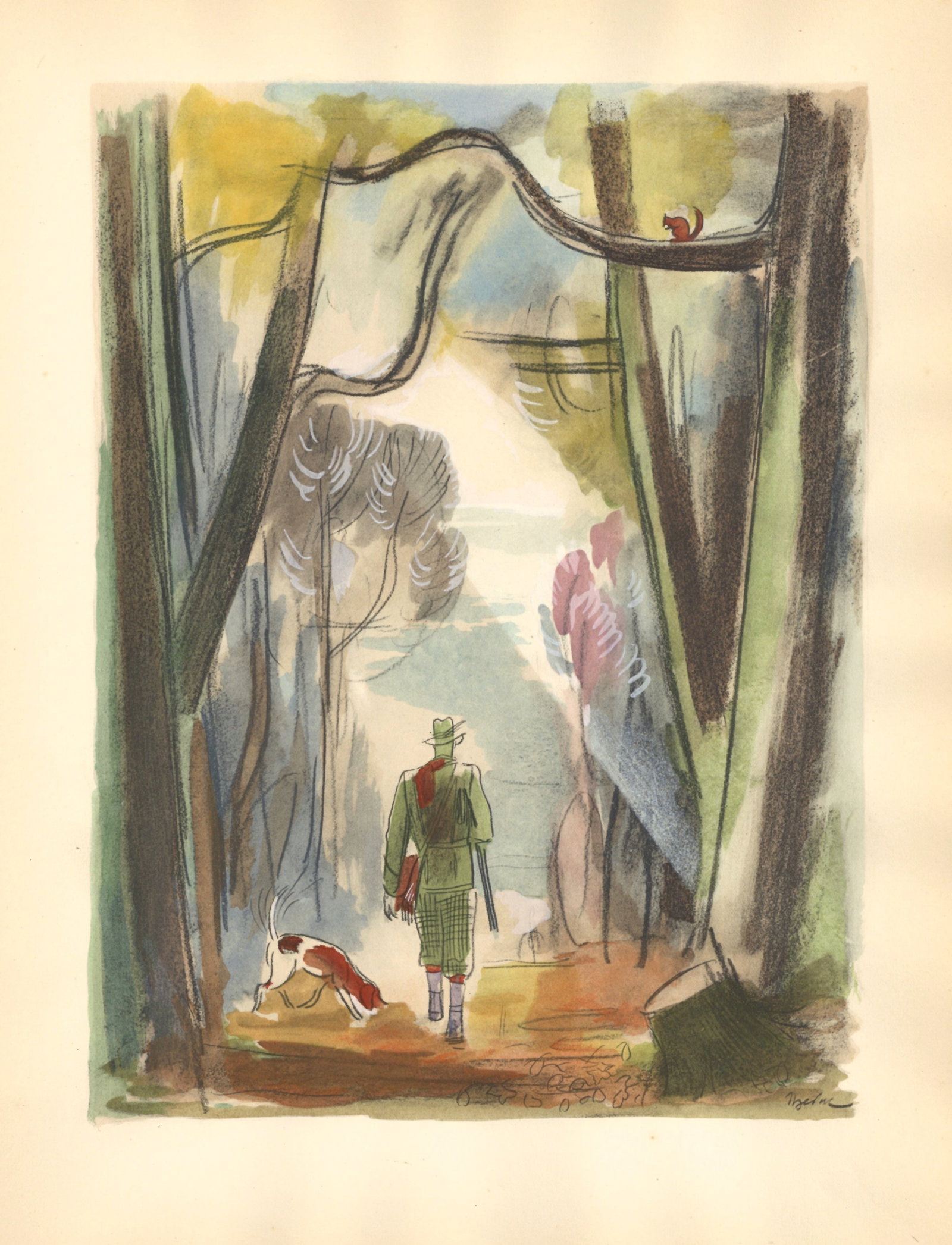 Milivoj Uzelac pochoir "La Chasse" Les Joies du Sport: Medium: pochoir. Printed in Paris in 1932 on Velin du Marais paper at the atelier of Daniel Jacomet for the Les Joies du Sport portfolio and issued in an edition of 750. This was published in