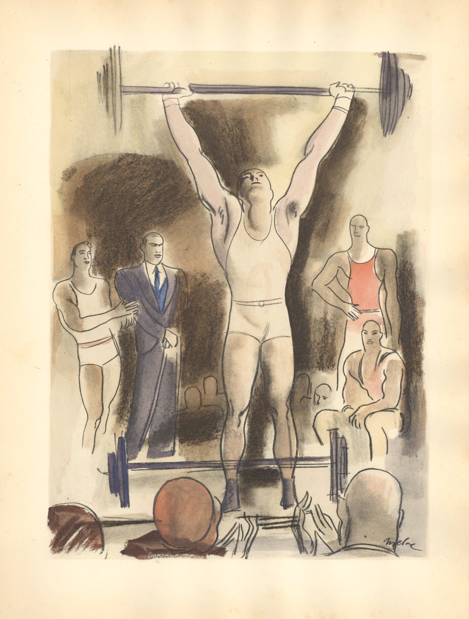 Milivoj Uzelac pochoir "Les Poids et Halteres" Les Joies du Sport: Medium: pochoir. Printed in Paris in 1932 on Velin du Marais paper at the atelier of Daniel Jacomet for the Les Joies du Sport portfolio and issued in an edition of 750. This was published in