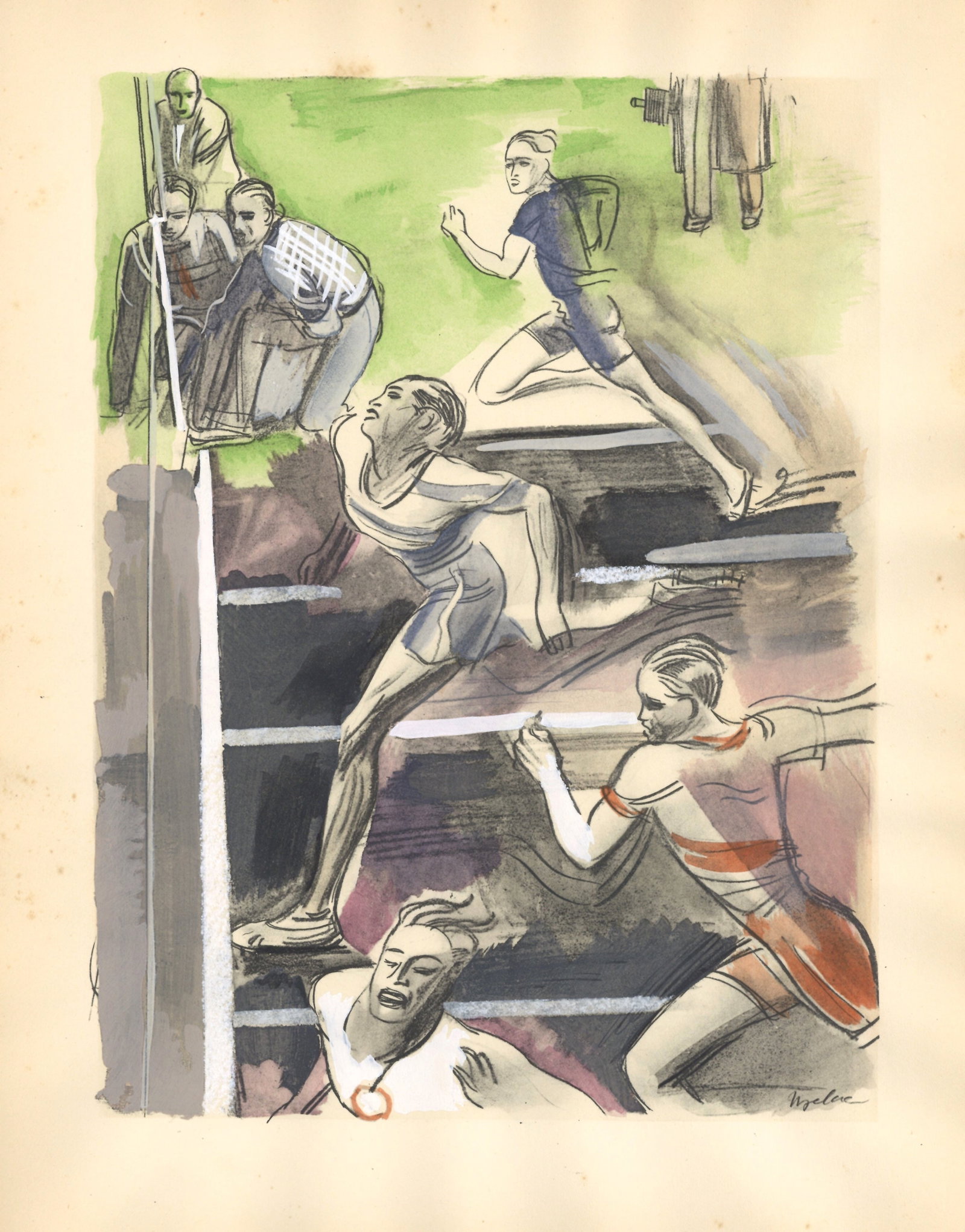 Milivoj Uzelac pochoir "La Course a Pied" Les Joies du Sport: Medium: pochoir. Printed in Paris in 1932 on Velin du Marais paper at the atelier of Daniel Jacomet for the Les Joies du Sport portfolio and issued in an edition of 750. This was published in